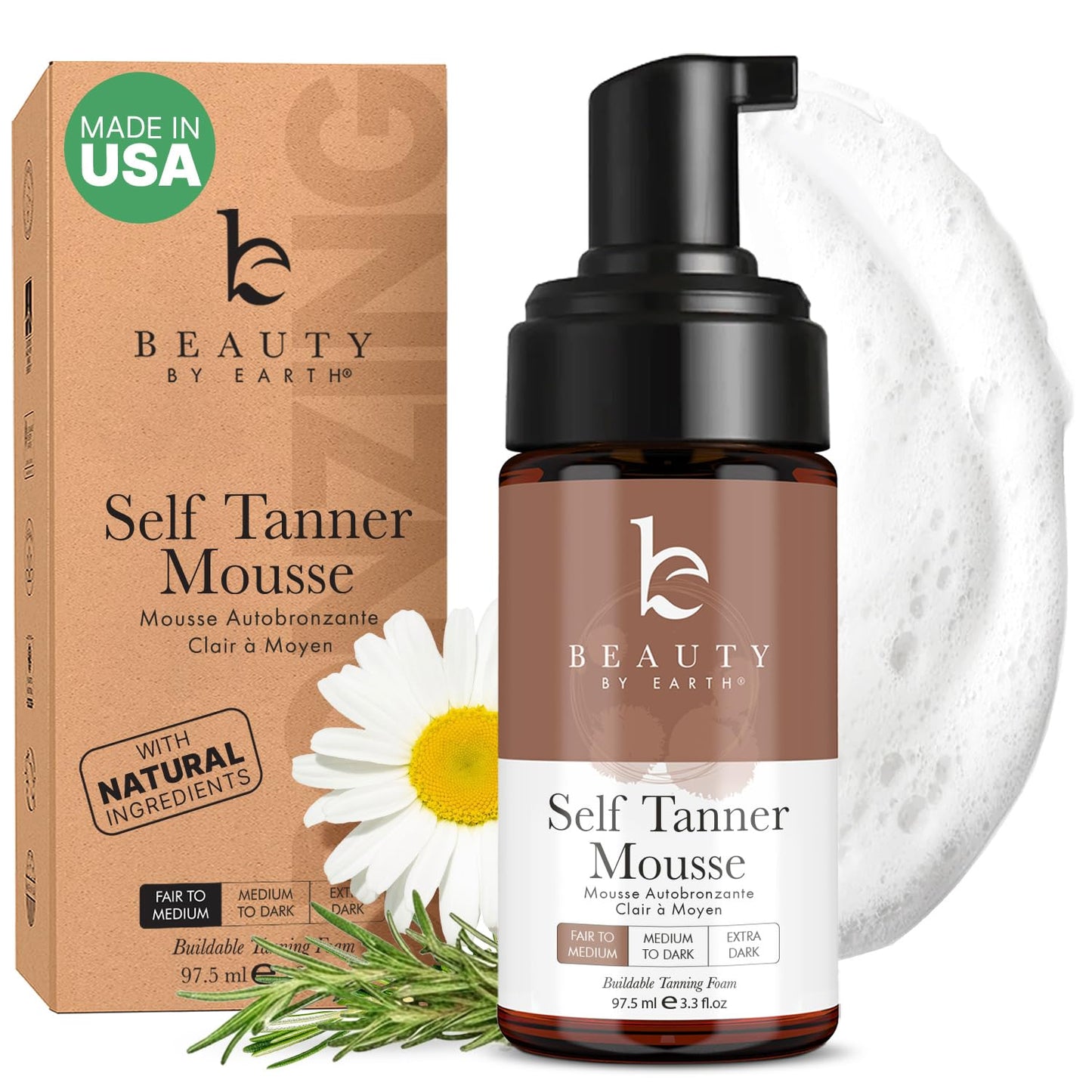 Self Tanner Mousse - USA Made with Natural & Organic Ingredients, Self Tanning Mousse for Fake Tan, Sunless Tanner for Pale Skin, Clear & Non Toxic