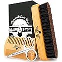 Beard Brush For Men & Beard Comb Set w/Mustache Scissors Grooming Kit, Natural Boar Bristle Brush, Dual Action Wood Comb, And Travel Bag Great