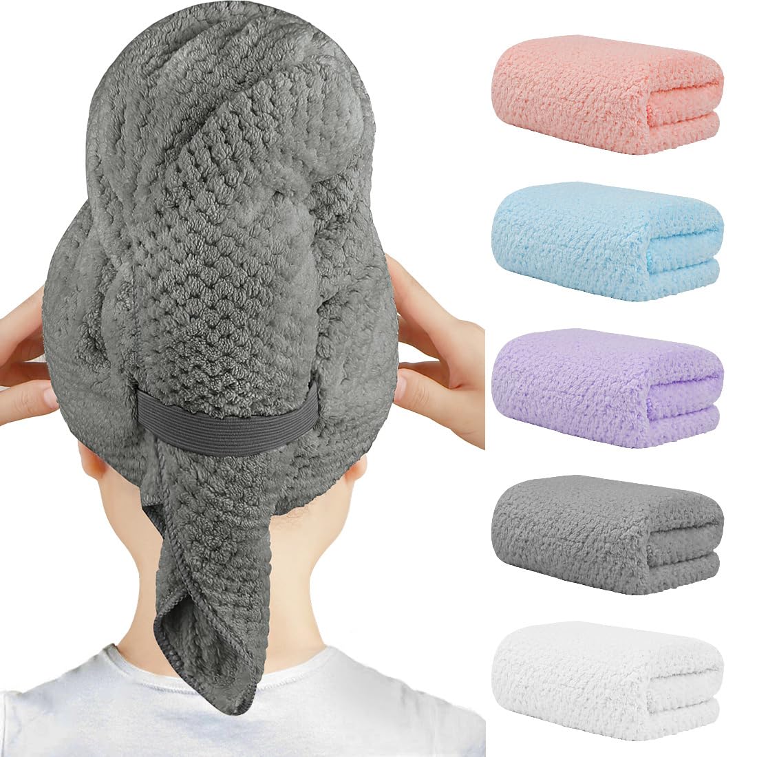 HOMEXCEL 5 Pack Microfiber Hair Towels - 40 x 20 inches Super Soft, Fast Drying Turbans for Long, Thick, Curly Hair - Anti Frizz Wrap with Elastic Beauty and Personal Care HOMEXCEL