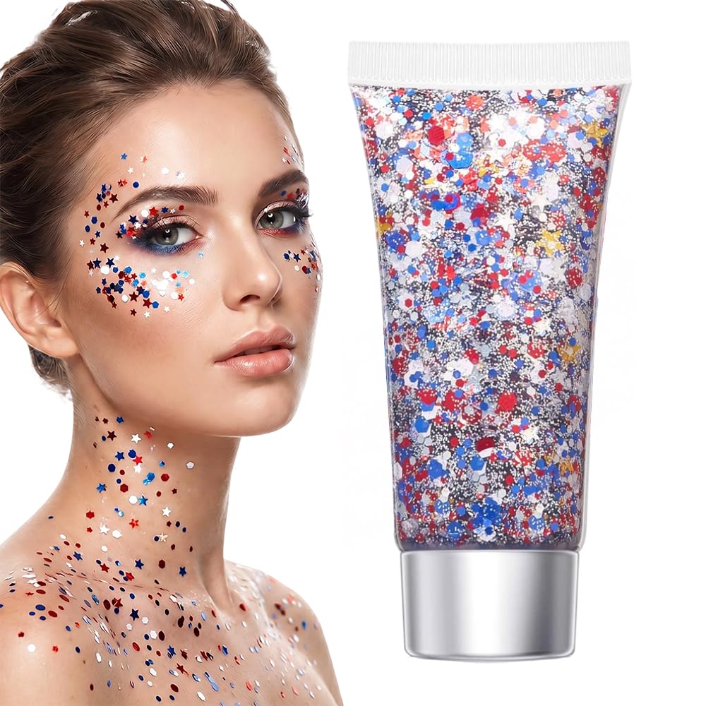 Red White Blue Hair Glitter Stick, 2026 New Patriotic USA Flag Star Chunky Face Body Outfits Sparkle Patriotic Pride Glitter for Soccer President's