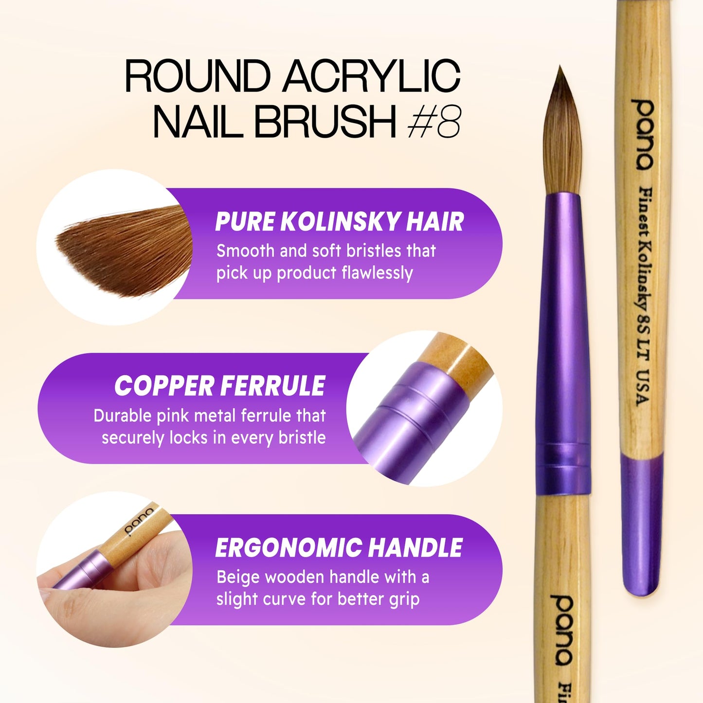 PANA Pure Kolinsky Hair Acrylic Nail Brush - Round Shape Purple Ferrule with Beige Wood Handle (Size 8) Beauty and Personal Care PANA