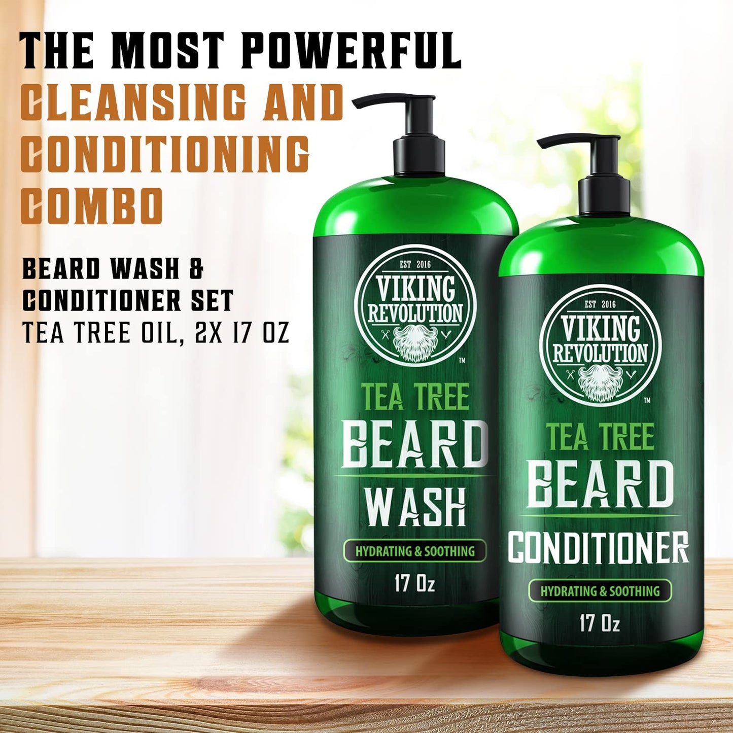 Viking Revolution Tea Tree Oil Beard Wash and Beard Conditioner For Men - Natural Beard Softener Set with Argan Oil, Vitamin E and Ginseng - Beard