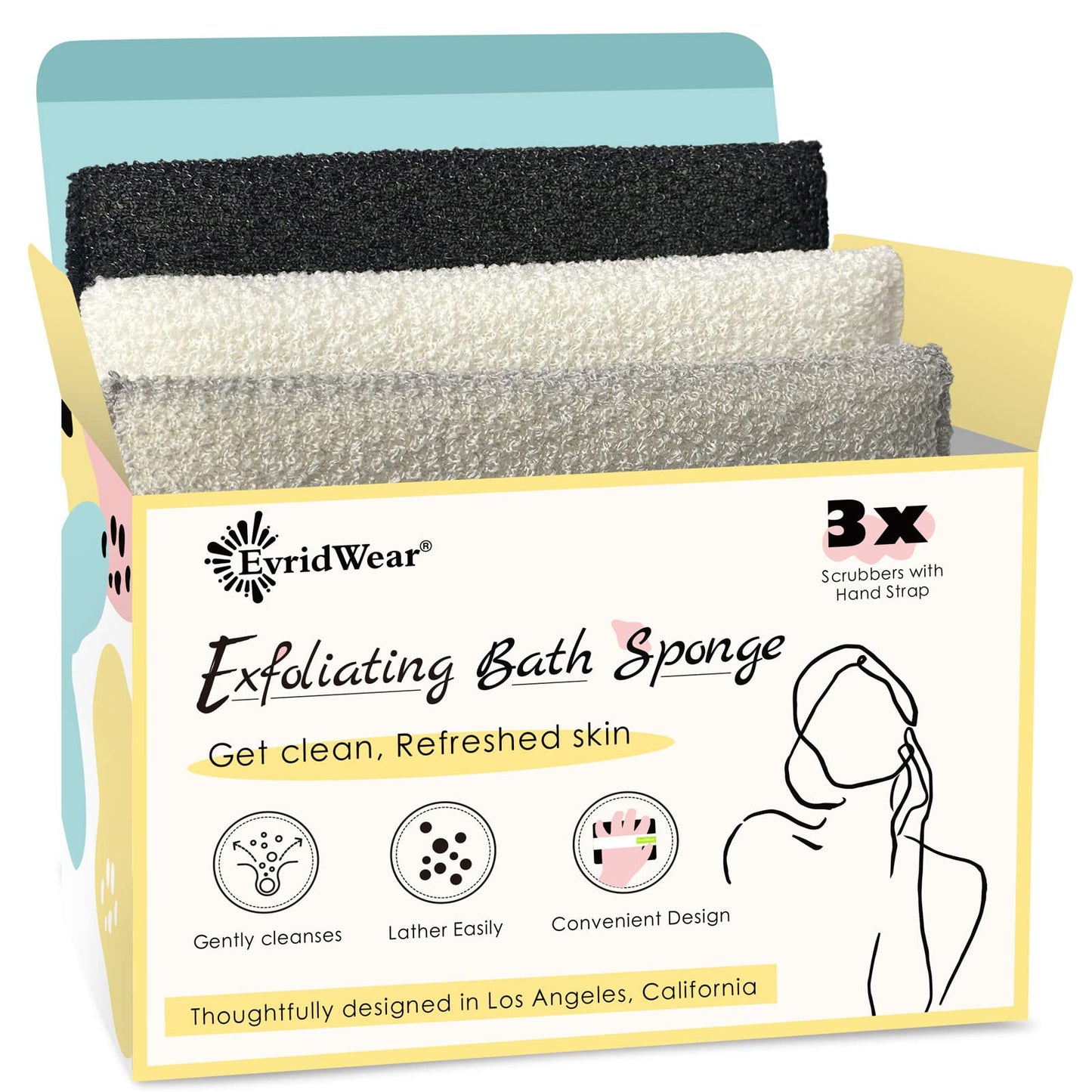 Evridwear Exfoliating Bath Sponge, Daily Skincare Body Scrubbers Loofah Shower Pads with Strap for Body Cleansing, Dead Skin Cell Remover, 3 Count