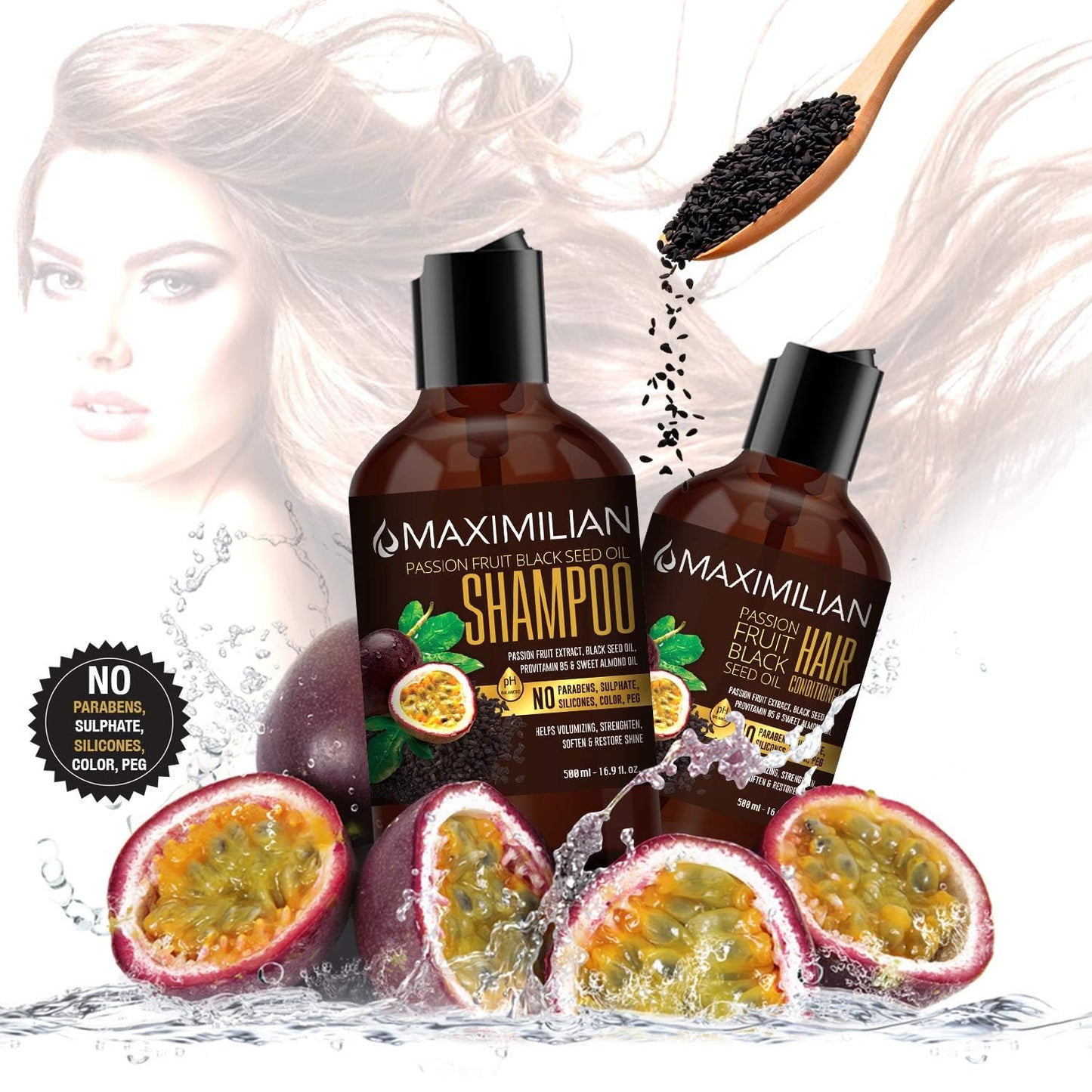 Maximilian Passion Fruit Black Seed Oil Curly Hair Shampoo and Conditioner Set- Extra Volumizing, Strengthing, Moisturizing, Hydration and Shine