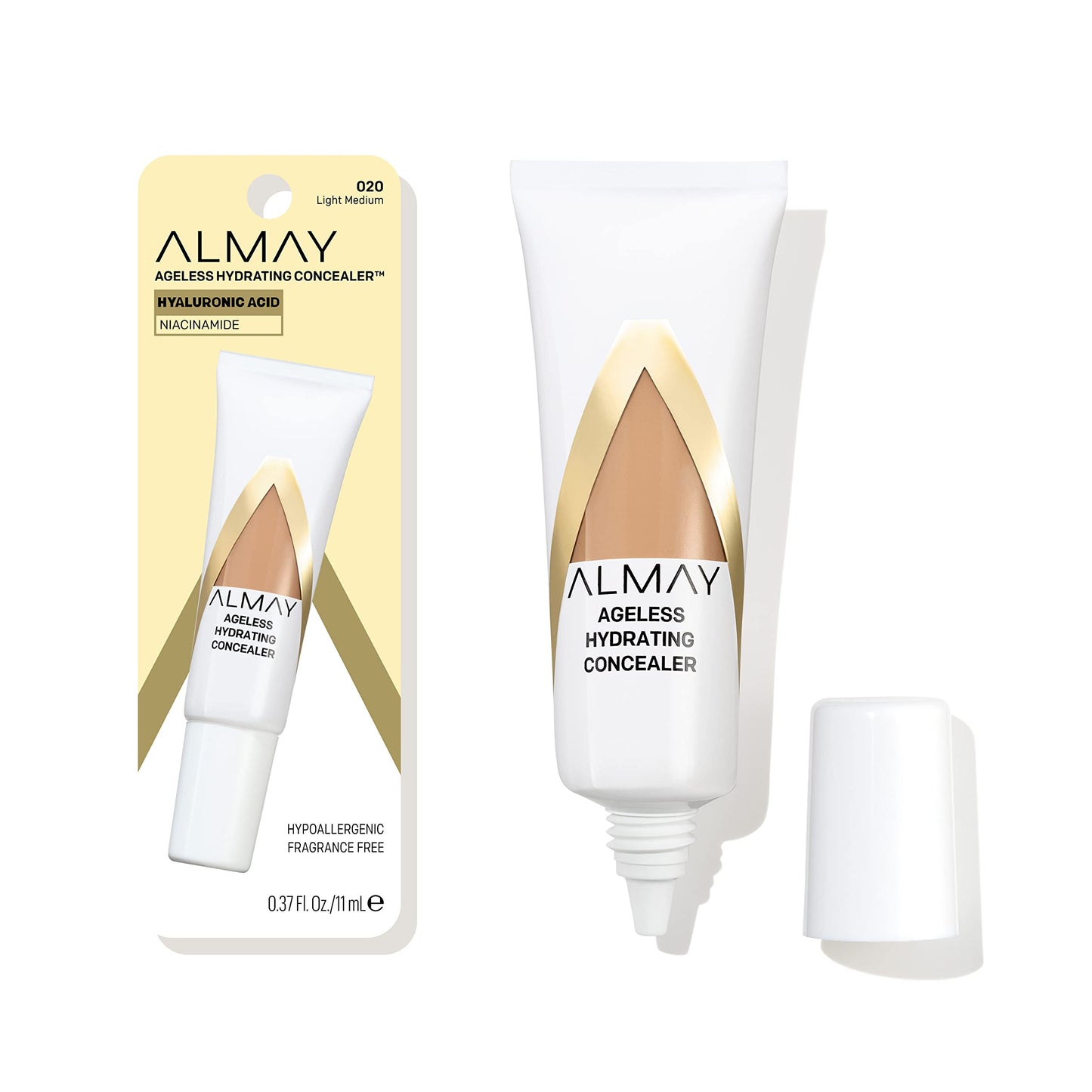 Almay Anti-Aging Concealer, Face Makeup with Hyaluronic Acid, Niacinamide, Vitamin C & E, Hypoallergenic, -Fragrance Free, 020 Light Medium, 0.37 Fl
