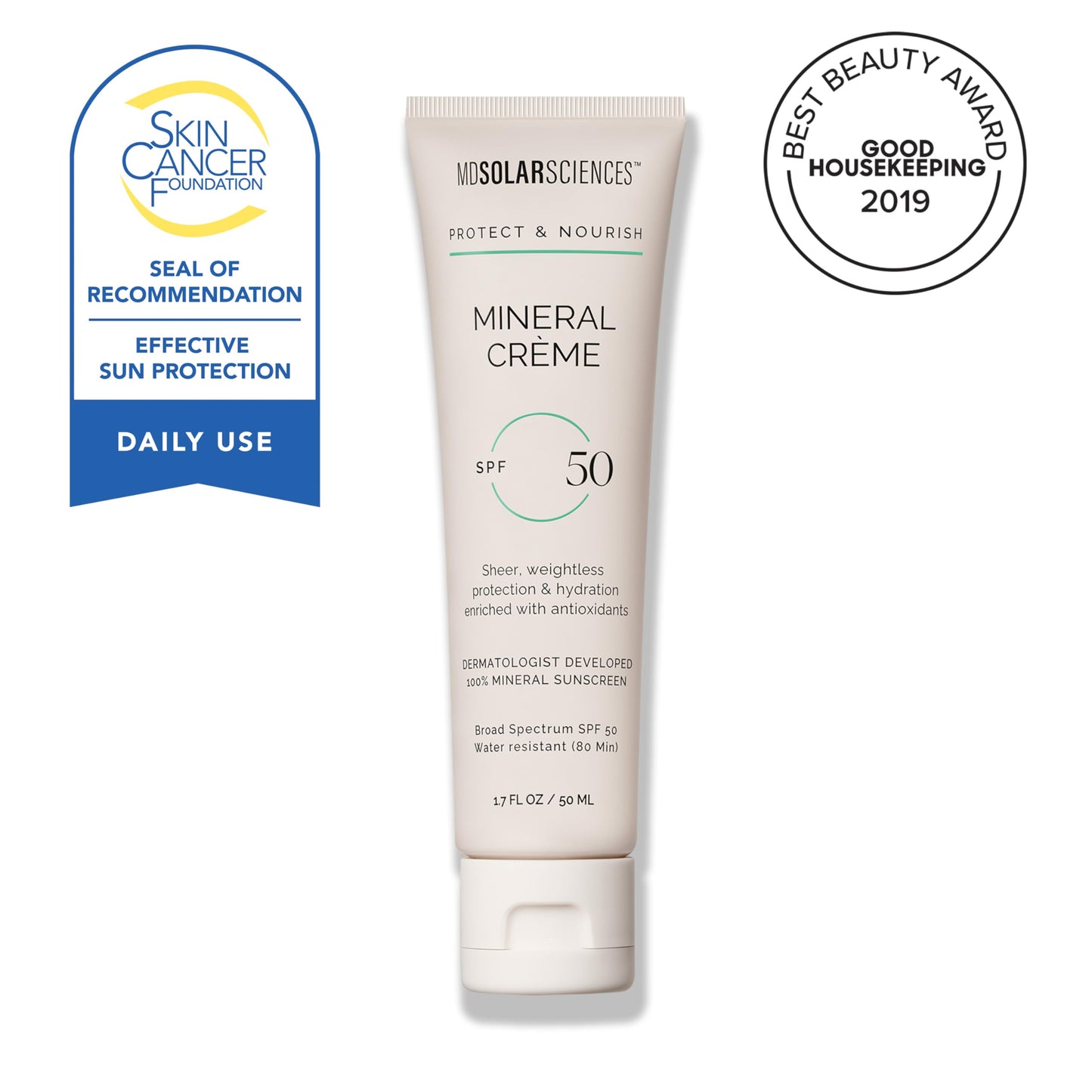 MDSolarSciences Mineral Crème Sunscreen SPF 50 | Water-Resistant, Broad Spectrum UV Protection | Zinc Oxide Formula with Antioxidants | No White Cast