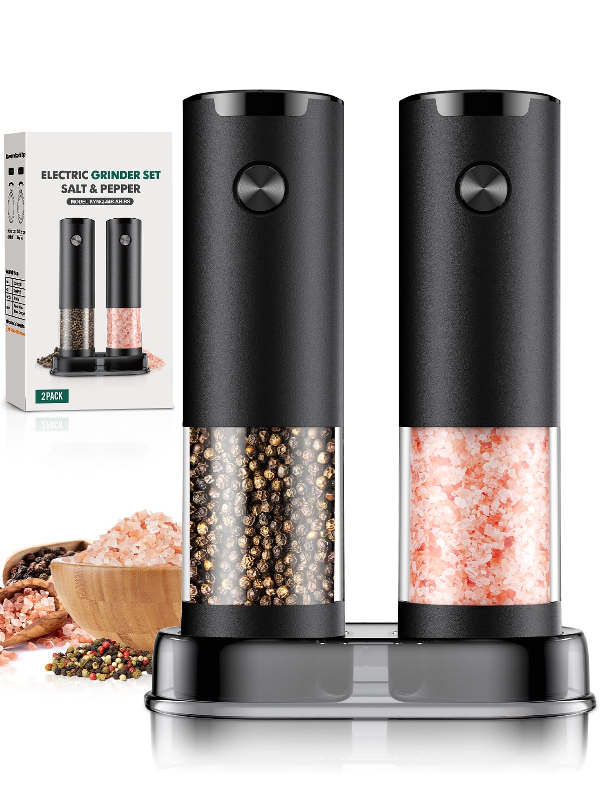 Electric Salt & Pepper Grinder Set, Automatic Battery Operated Mills with Adjustable Coarseness, LED Light & Large Capacity, 2-Pack, Black