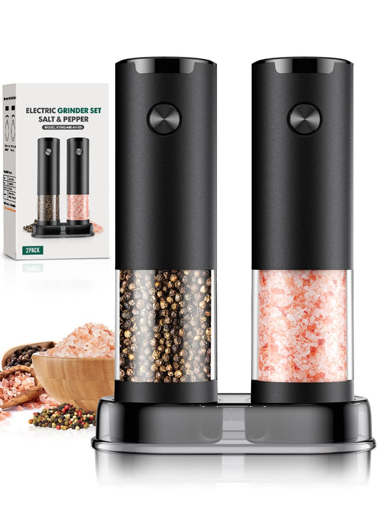 Electric Salt & Pepper Grinder Set, Automatic Battery Operated Mills with Adjustable Coarseness, LED Light & Large Capacity, 2-Pack, Black