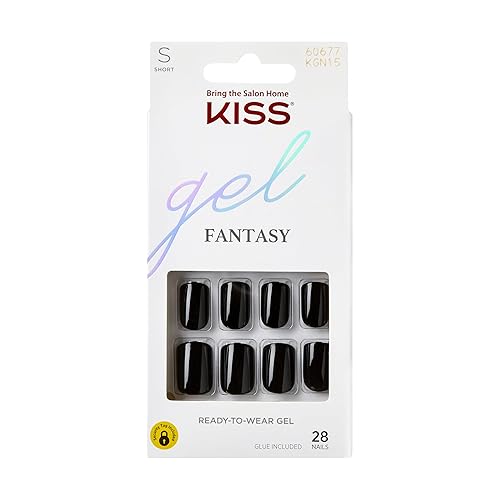 KISS Gel Fantasy Press On Nails, Nail glue included, 'Aim High', Black, Short Size, Squoval Shape, Includes 28 Nails, 2g Glue, 1 Manicure Stick, 1