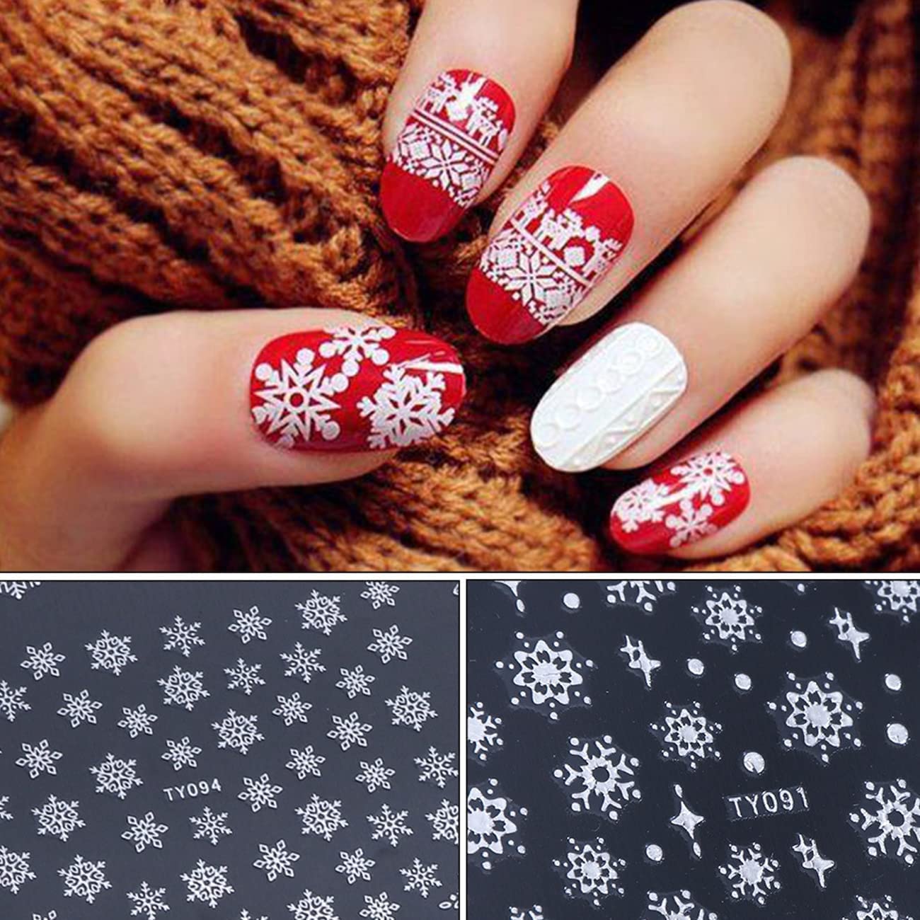 24 Sheets Snowflakes Nail Art Stickers Decals Christmas Nail Decals 3D Snowflake Self-Adhesive Nail Designs White and Sliver Winter Nail Art Supplies