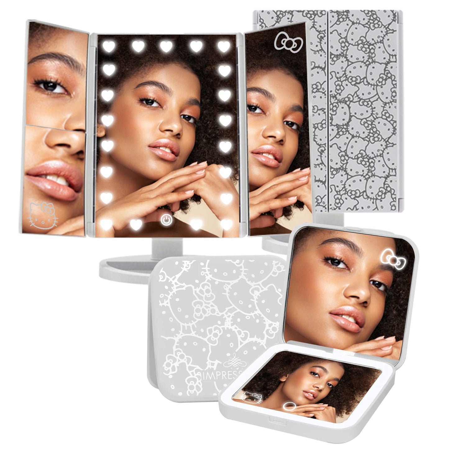 Impressions Vanity Hello Kitty Lighted Makeup Mirrors Bundle, Supercute Trifold and Compact Mirror with LED Lights, Magnification, Touch Screen