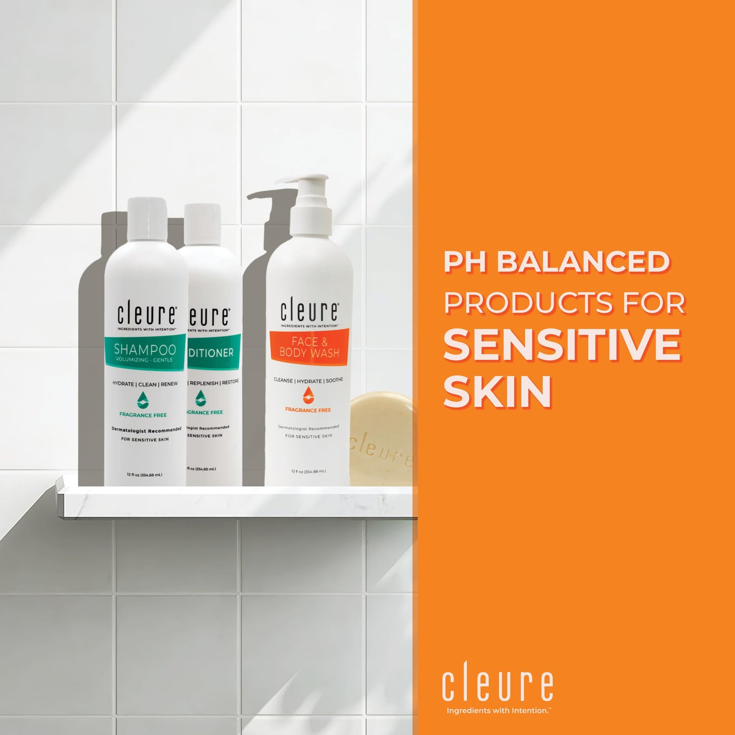 Cleure Fragrance Free Shampoo and Conditioner Set with Body Wash - Hypoallergenic 3 Piece Sulfate Free Hair & Body Care for Sensitive Skin (12 oz