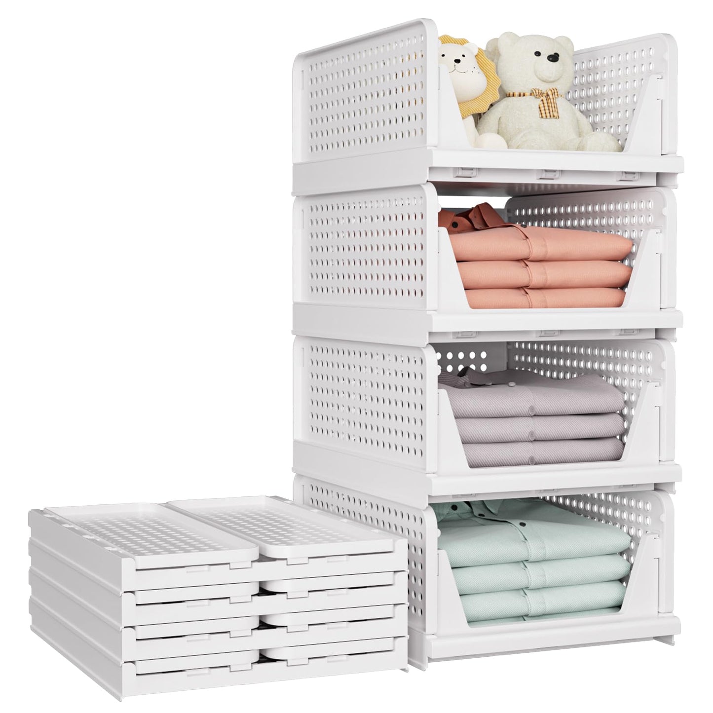 SNSLXH 5-Pack Stackable Storage Baskets – Foldable Closet Organizer for Bathroom, Kitchen, Laundry & Wardrobe – White, Space-Saving