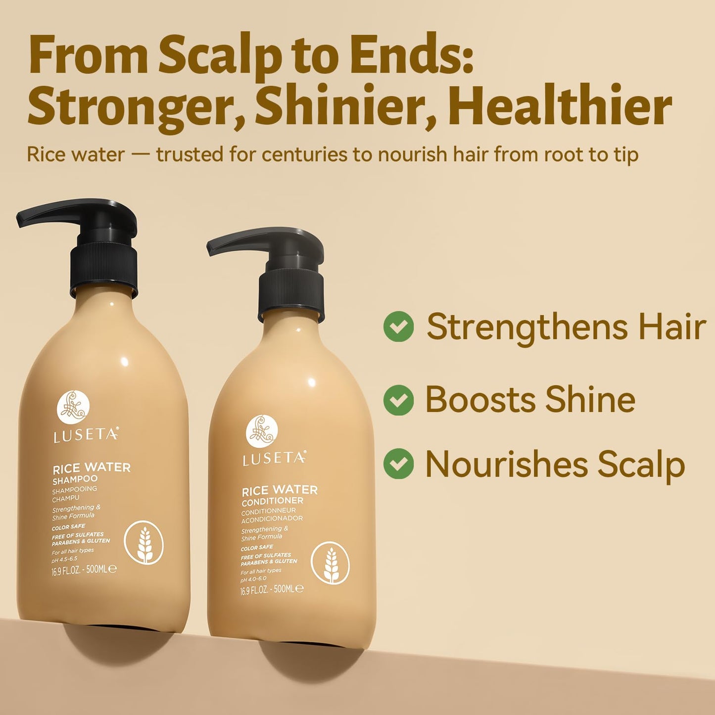 LUSETA Rice Water Shampoo and Conditioner Set for Hair Volume, Strengthening, Nourishing for Hair, Hydrating & Frizz Control, Revitalizes Shine