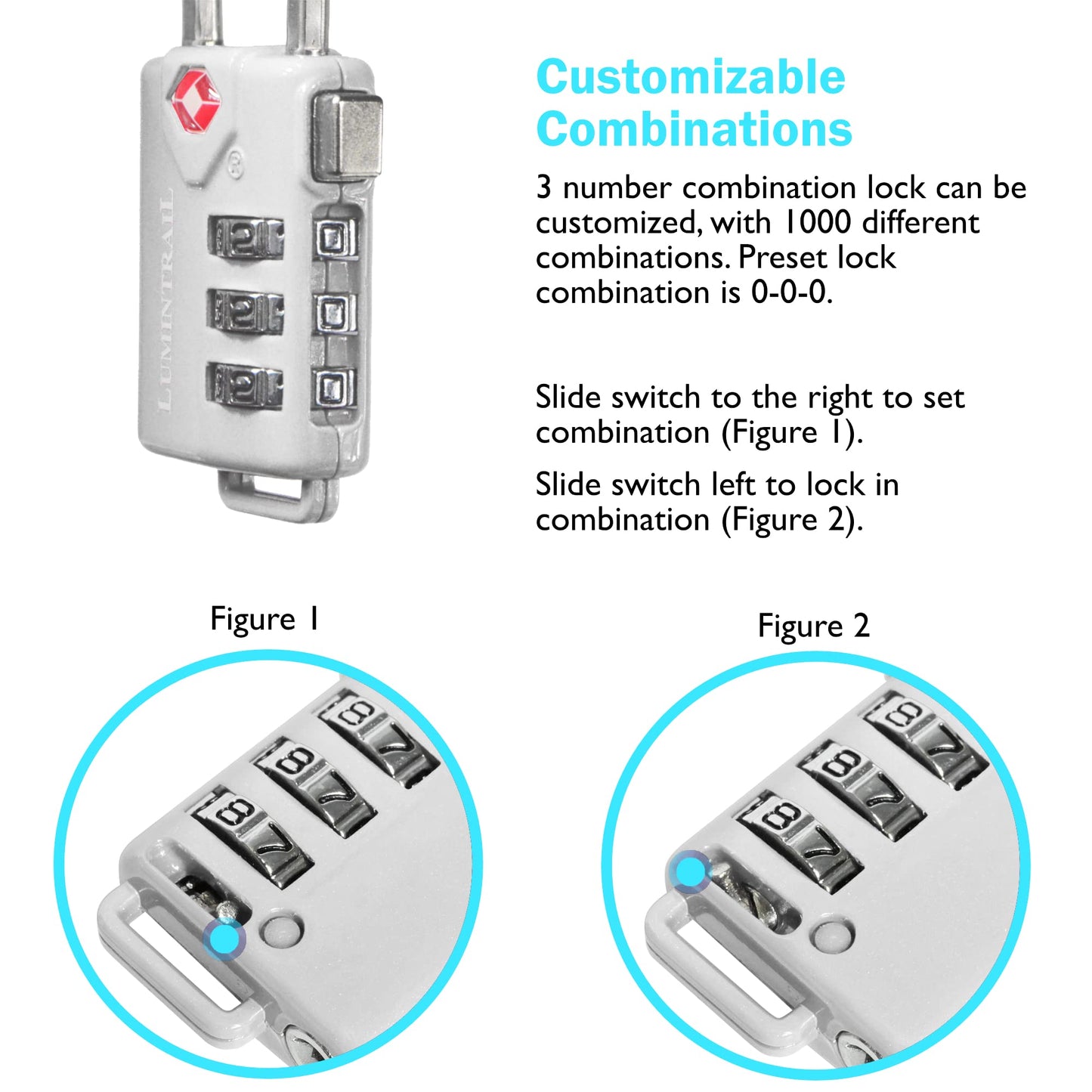 Lumintrail TSA Approved Luggage Lock – 3-Digit Personalized Combination with 4-FT Braided Steel Cable, Metal Travel Suitcase Lock (Silver, 1 Pack)