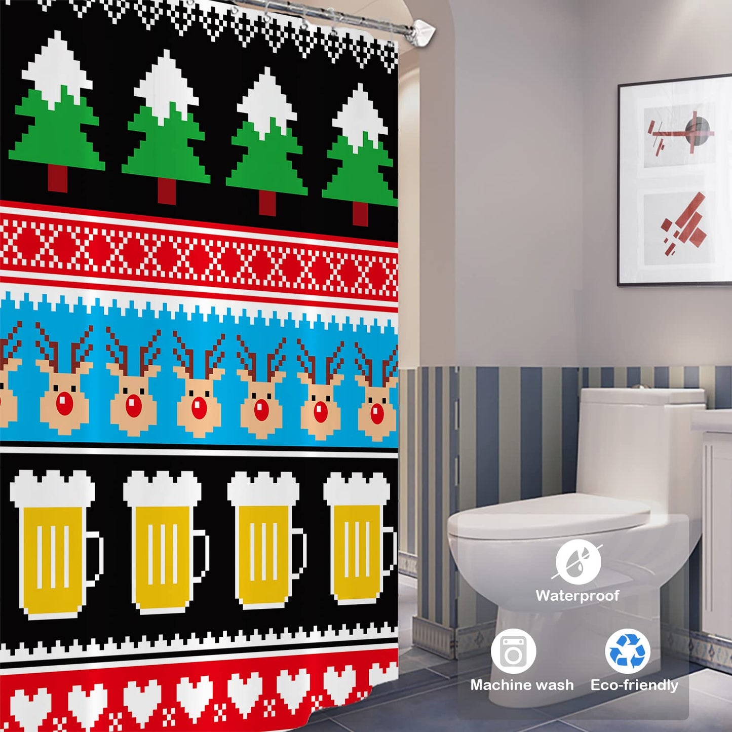 Batmerry Christmas Trees Beer Decorative Shower Curtain, Nordic Sweater Pattern, Cute Long Wide Shower Curtain for Bathroom Farmhouse Bathtub…