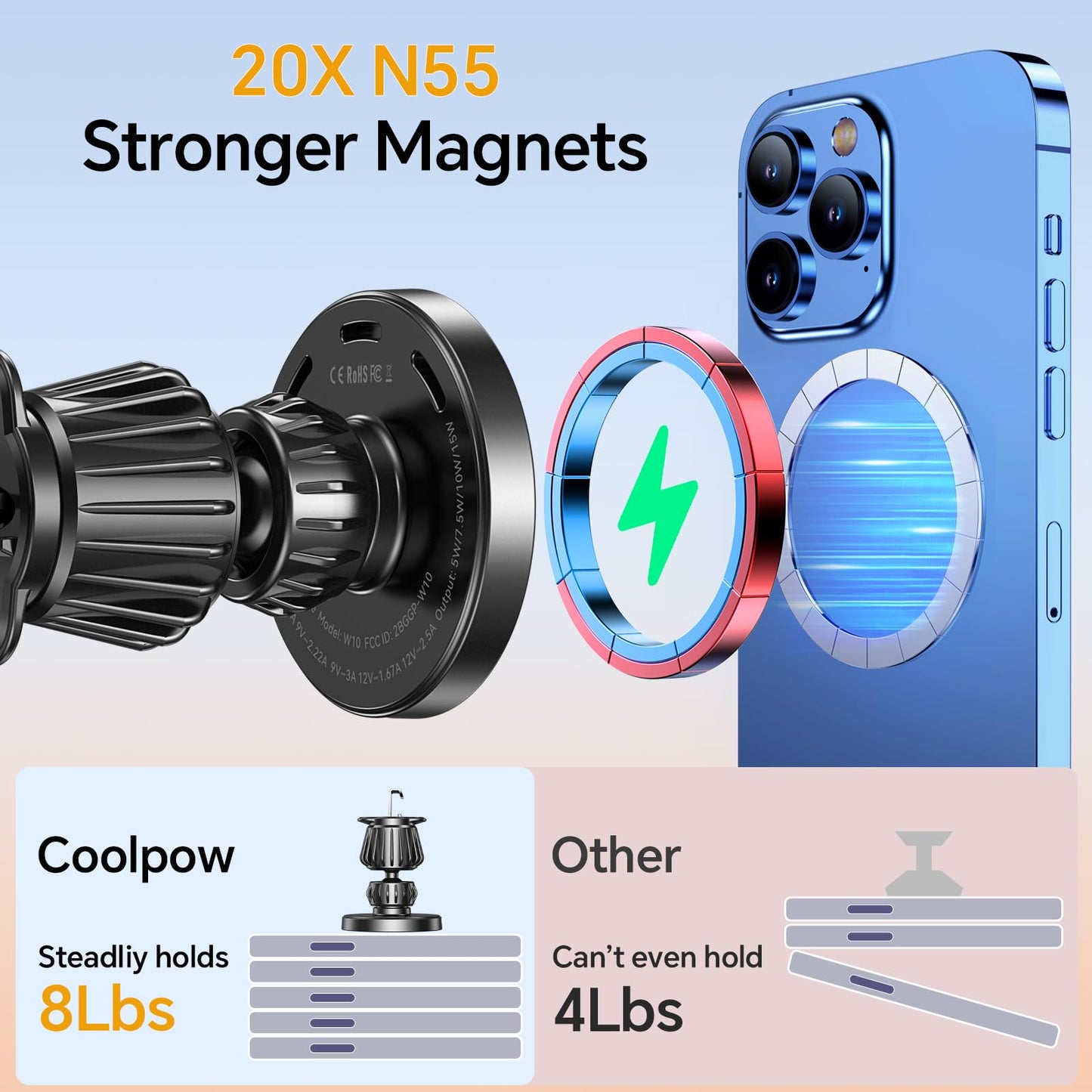 Coolpow for MagSafe Car Mount Charger【Ultra Magnet】Magnetic Phone Holders for Your Car Charger【Windshield+Vent+Dash】Magnetic Wireless Car Phone…