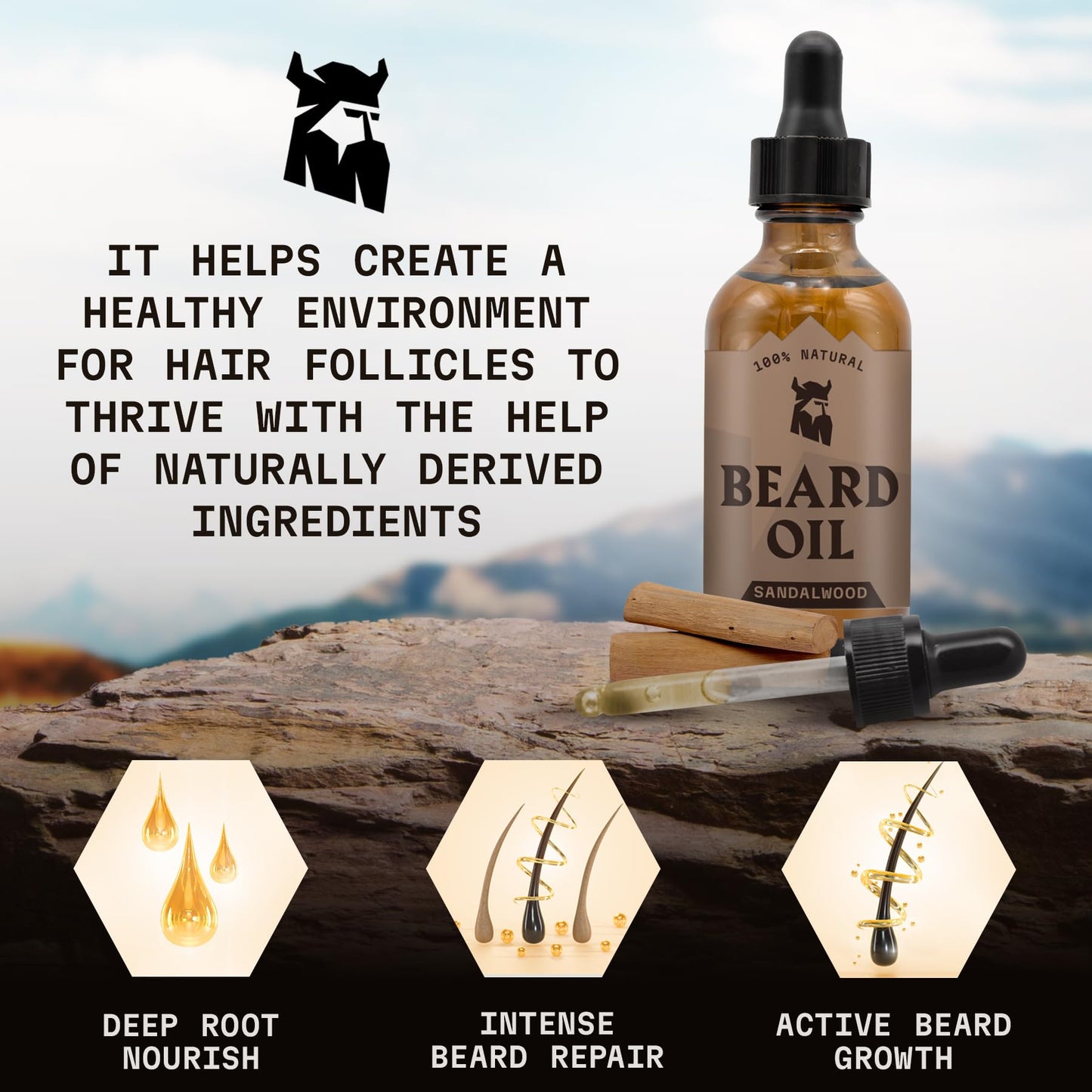 Striking Viking Sandalwood Beard Oil for Men - 2 Fl Oz, Sandalwood Scent - Natural Hydrating & Softening Beard Care with Argan, Jojoba, Almond & Tea