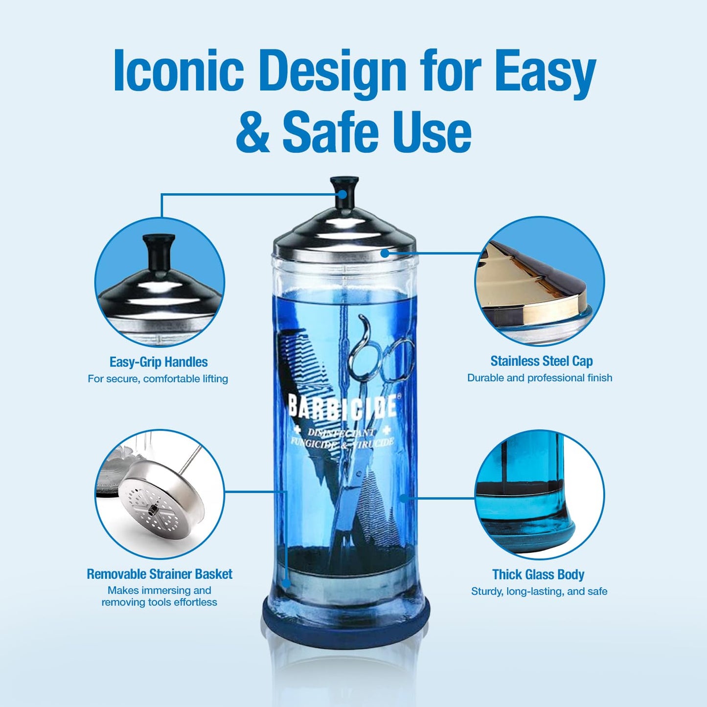 BARBICIDE Disinfecting Jar - Durable Glass Immersion Container with Stainless Steel Lid and Tray - Professional Salon, Spa & Barber Tool Sanitizer