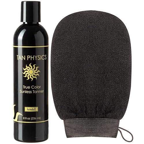 Tan Physics Sunless Tanner 8oz with Exfoliation Mitt- Self Tanning Lotion - Instant Tanning Lotion for Face & Body - Natural Self Tanner for a