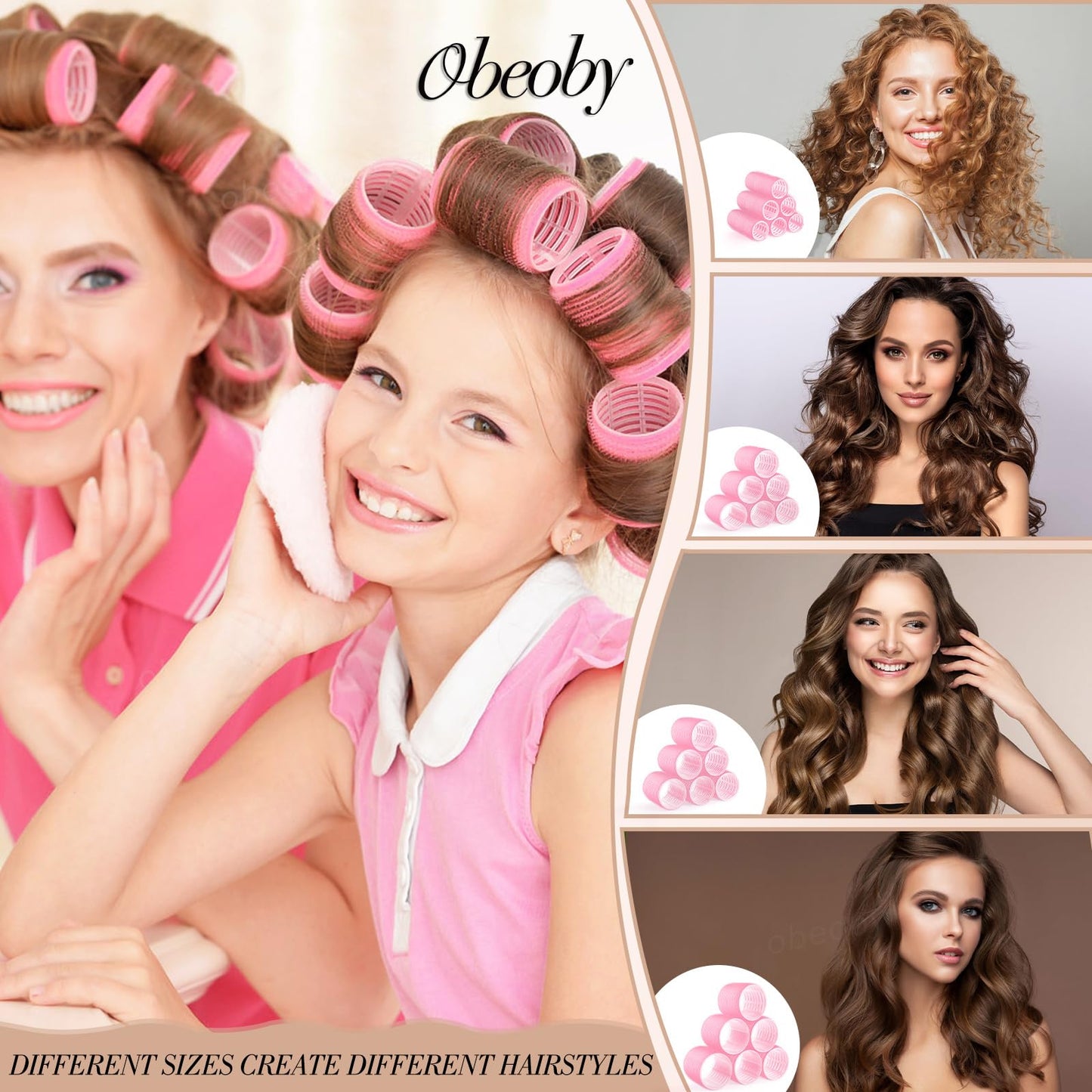 Obeoby 4 Sizes Hair Rollers for Women, Hair Curlers with Clips Comb Curlers for Long Short Curly Hair and Bangs (25, 36, 48, 60mm), Pink Mothers Day Beauty and Personal Care obeoby