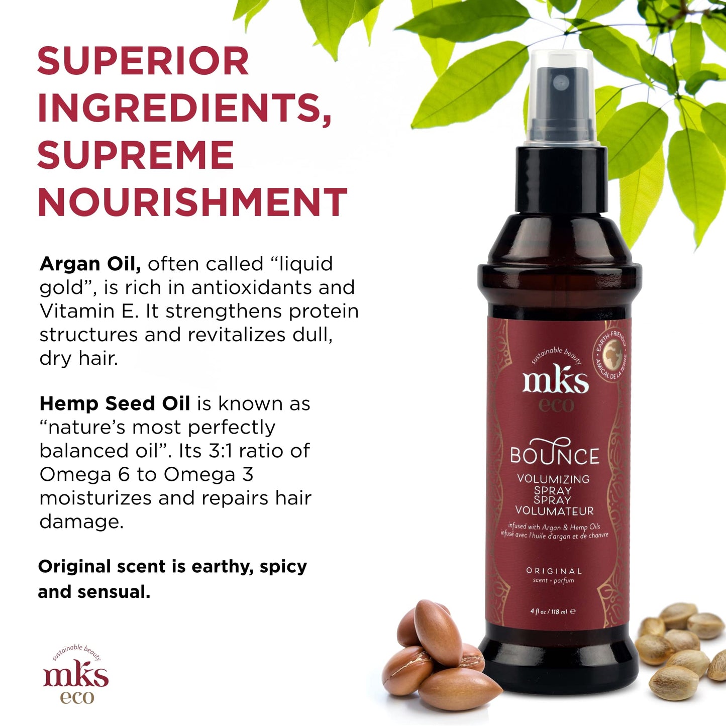 MKS eco Bounce, Original Scent - 4 fl oz - Volumizing Spray - Natural-Looking, Weightless Volume - Moroccan Argan Oil, Hemp Seed Oil & Panthenol
