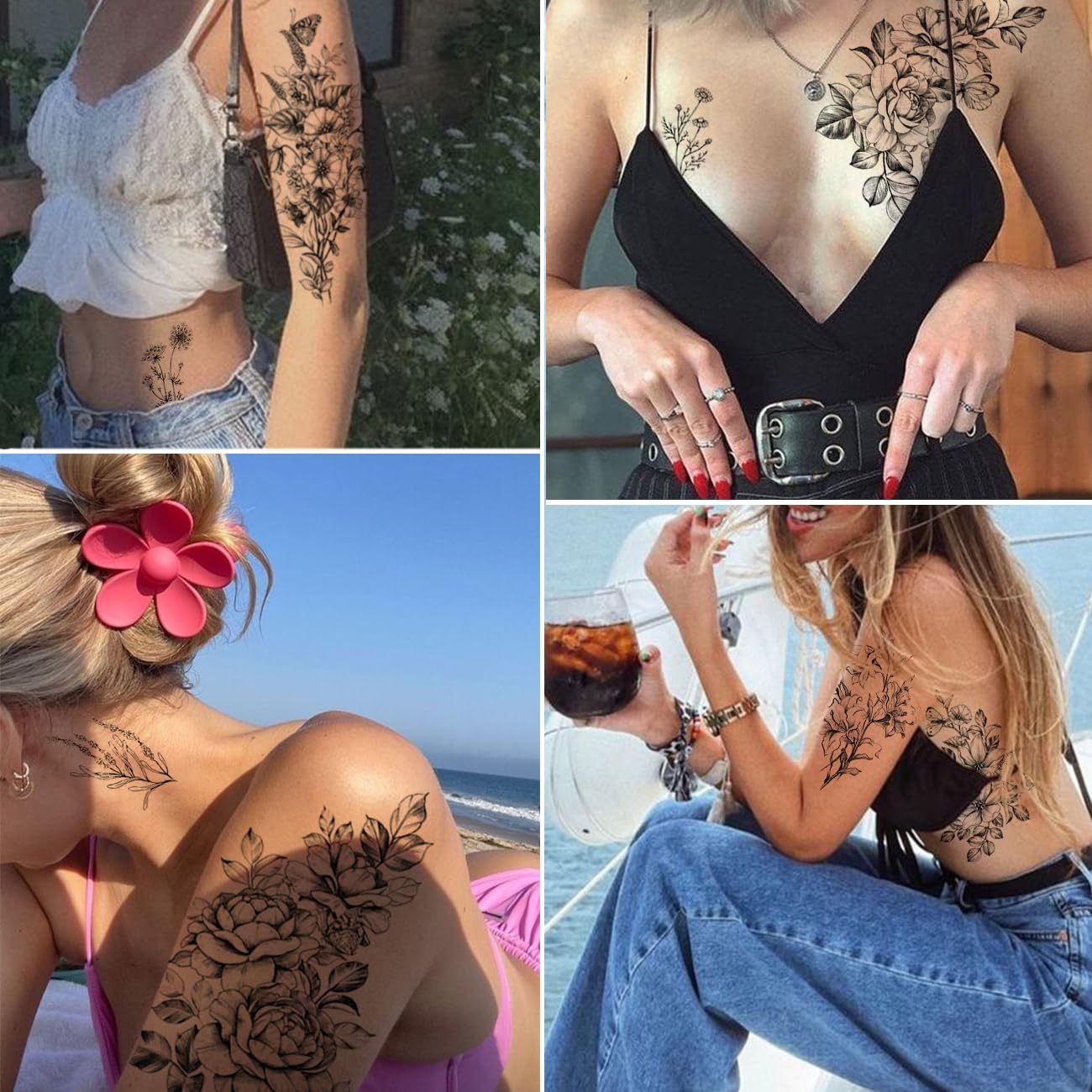 CHARLENT 23 Sheets Flower Temporary Tattoos For Women - Waterproof Realistic Rose Orchid Tattoos Tiny Branch Sketch Fake Tattoos for Women Body Art Beauty and Personal Care CHARLENT