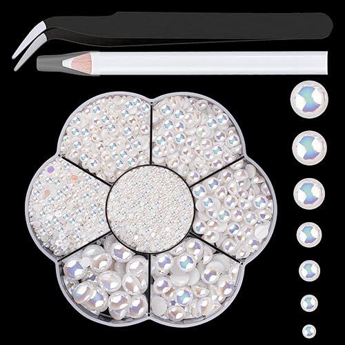 Nail Art Flat Back Half Round Pearl Kits 5, 1 Box of 2400 Pcs Flat-Back White AB Pearl with Tweezer and Picker Pencil for Home DIY Nails Body Face