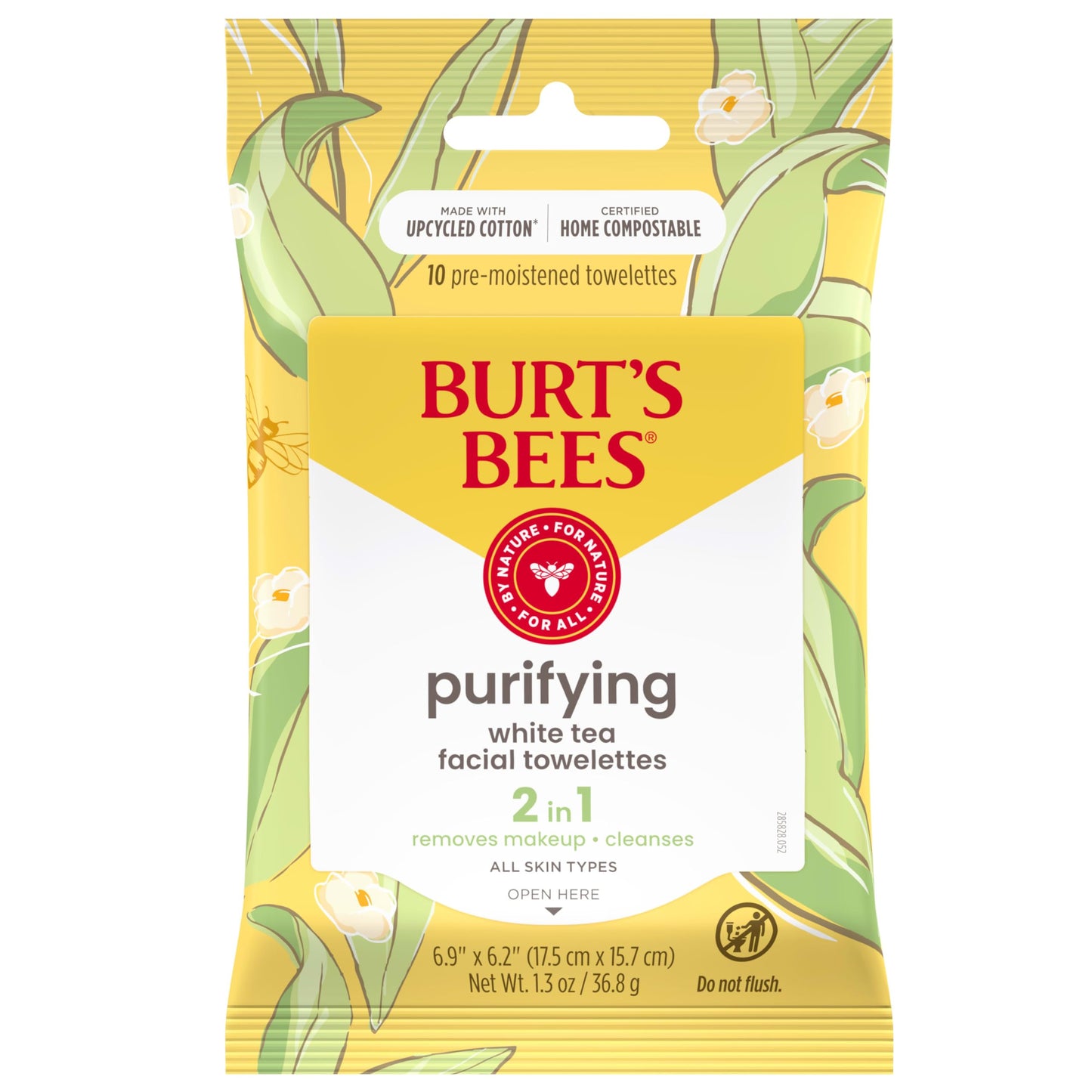 Burt's Bees Purifying Facial Towelettes With White Tea, Pre-Moistened Towelettes for All Skin Types, 99.1 Percent Natural Origin Skin Care, 10 ct