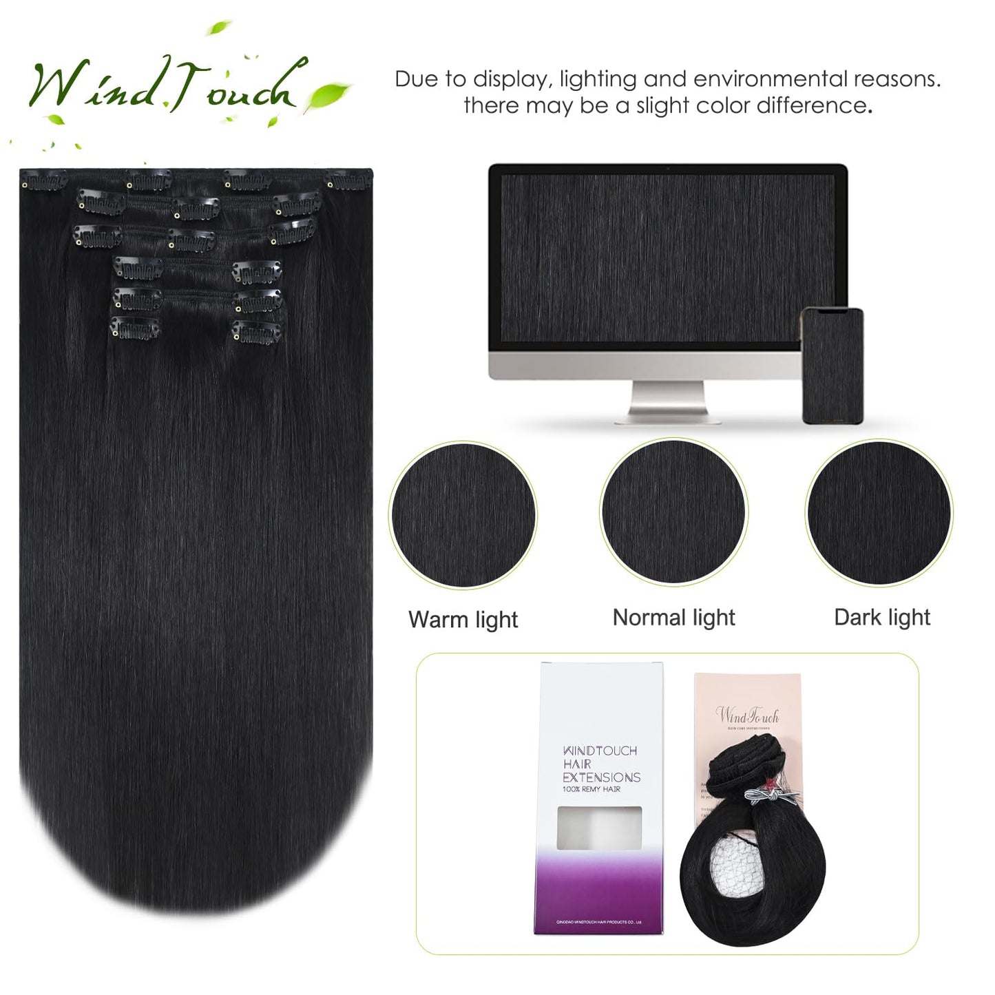 WindTouch Clip in Hair Extensions Real Human Hair Black Hair Extensions 12Inch 70g 7PCS Clip Ins Real Human Hair #1B Natural Black Clip in Hair