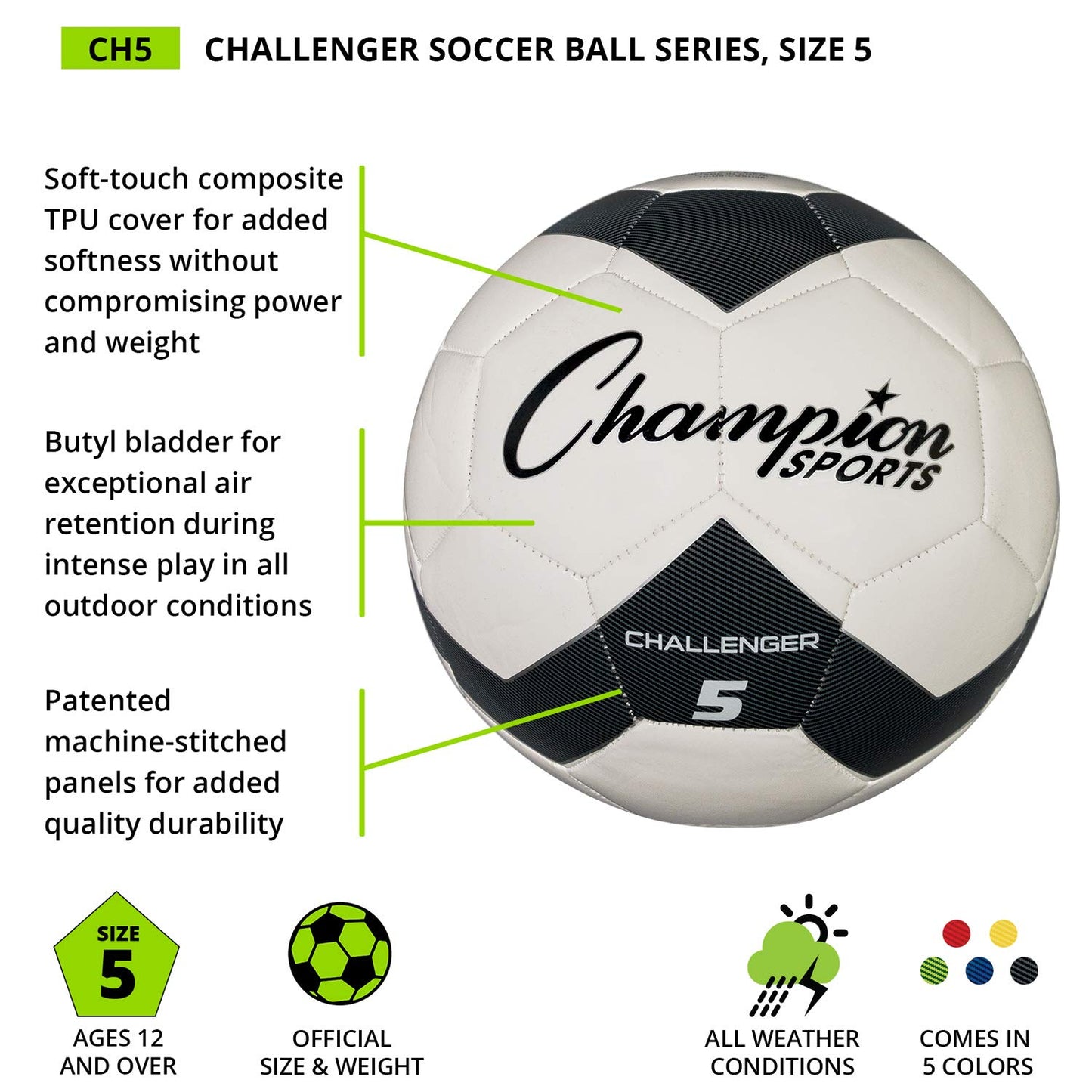 Champion Sports Challenger Soccer Ball, Size 5, Black/White
