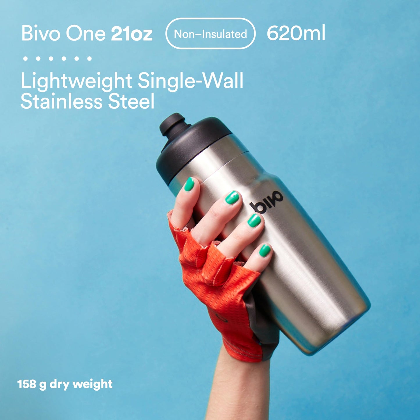 Bivo One 21oz Non Insulated Stainless Steel Bike Water Bottle - Lightweight for Cycling, Travel, Kids - No Plastic Taste, Fits Most Cages, Dishwasher