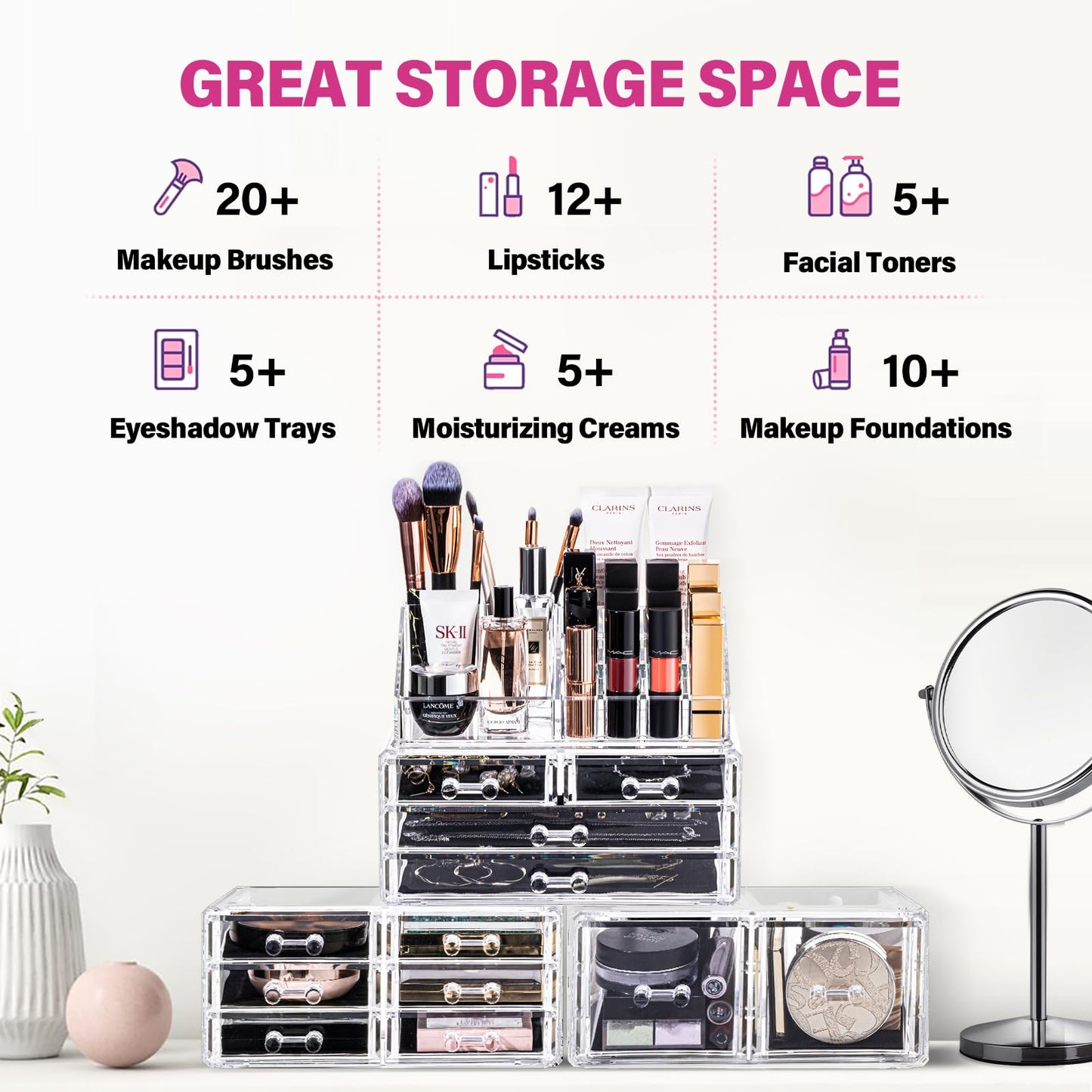 URMOMS Makeup Organizer 4 Pieces, Acrylic Makeup Storage Box with 12 Drawers for Lipstick Jewelry and Makeup Brushes, Stackable Vanity Organizer
