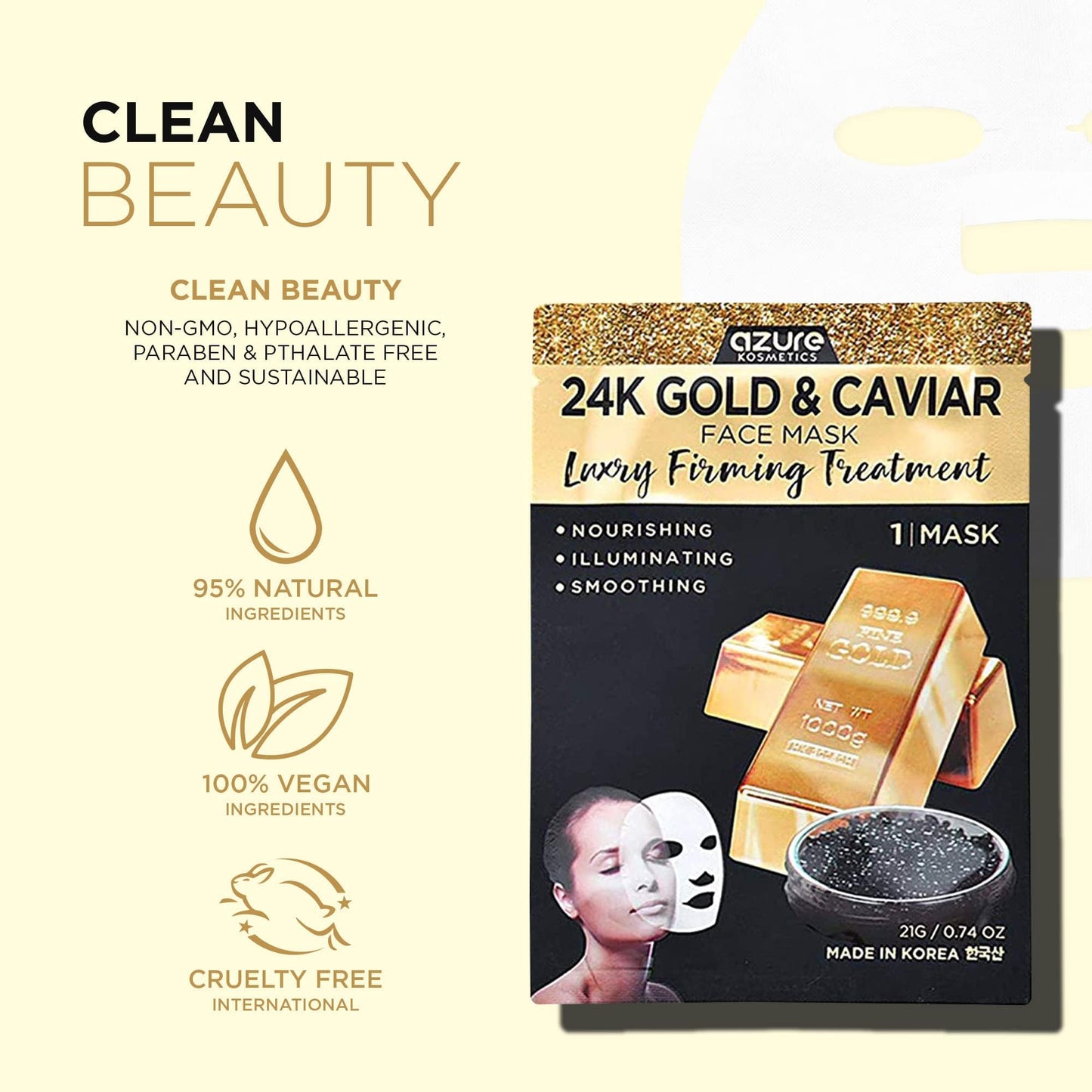 Azure Cosmetics 24K Gold and Caviar Anti Aging Luxury Face Mask - Hydrating & Firming Facial Mask - Helps Reduce Wrinkles & Fine Lines -