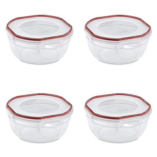 Sterilite Ultra-Seal 2.5 Qt Bowl, Airtight Food Storage Container, Plastic, Latching Lid, Microwave and Dishwasher Safe, Clear With Red Gasket, 4-Pack