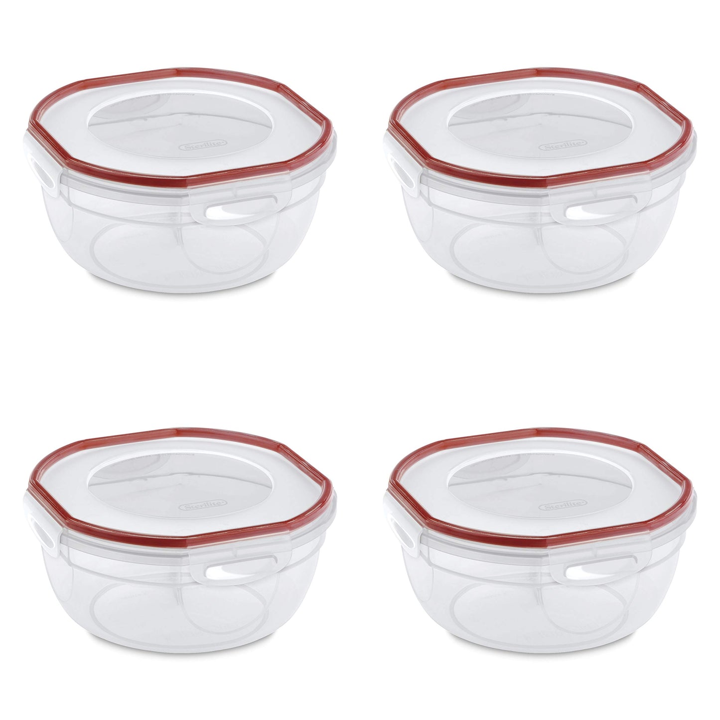 Sterilite Ultra-Seal 2.5 Qt Bowl, Airtight Food Storage Container, Plastic, Latching Lid, Microwave and Dishwasher Safe, Clear With Red Gasket, 4-Pack