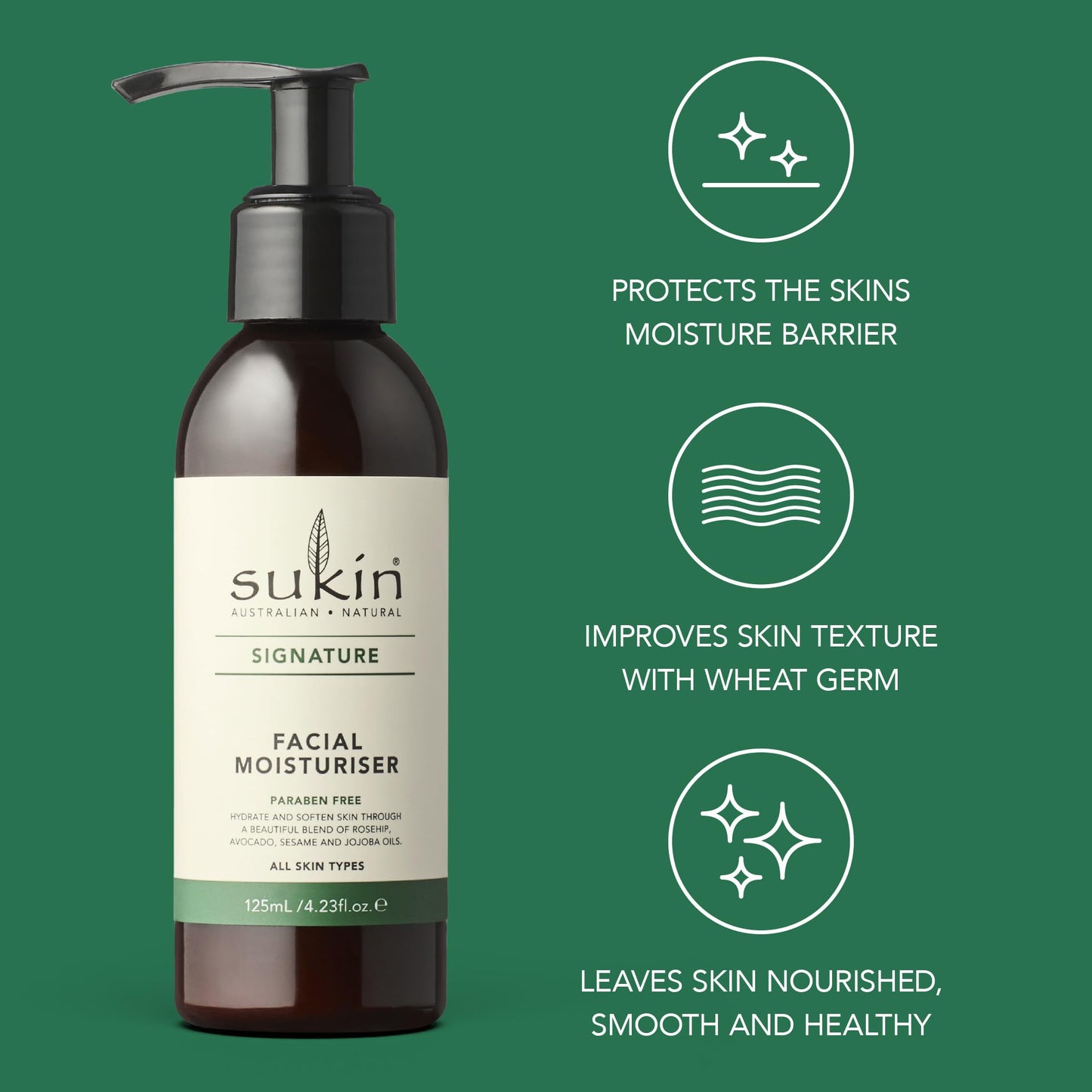 Sukin Facial Moisturizer Pump, Hydrating Face Cream with Wheat Germ and Vitamin E to Deeply Nourish, Soften and Improve Skin Texture, 4.23 Fl Oz