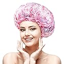 mikimini Large Shower Cap for Women Long Hair, 1 Pack,Romantic Petal Design, Double Layer Waterproof, Reusable, Washable, High-quality, Floral Print