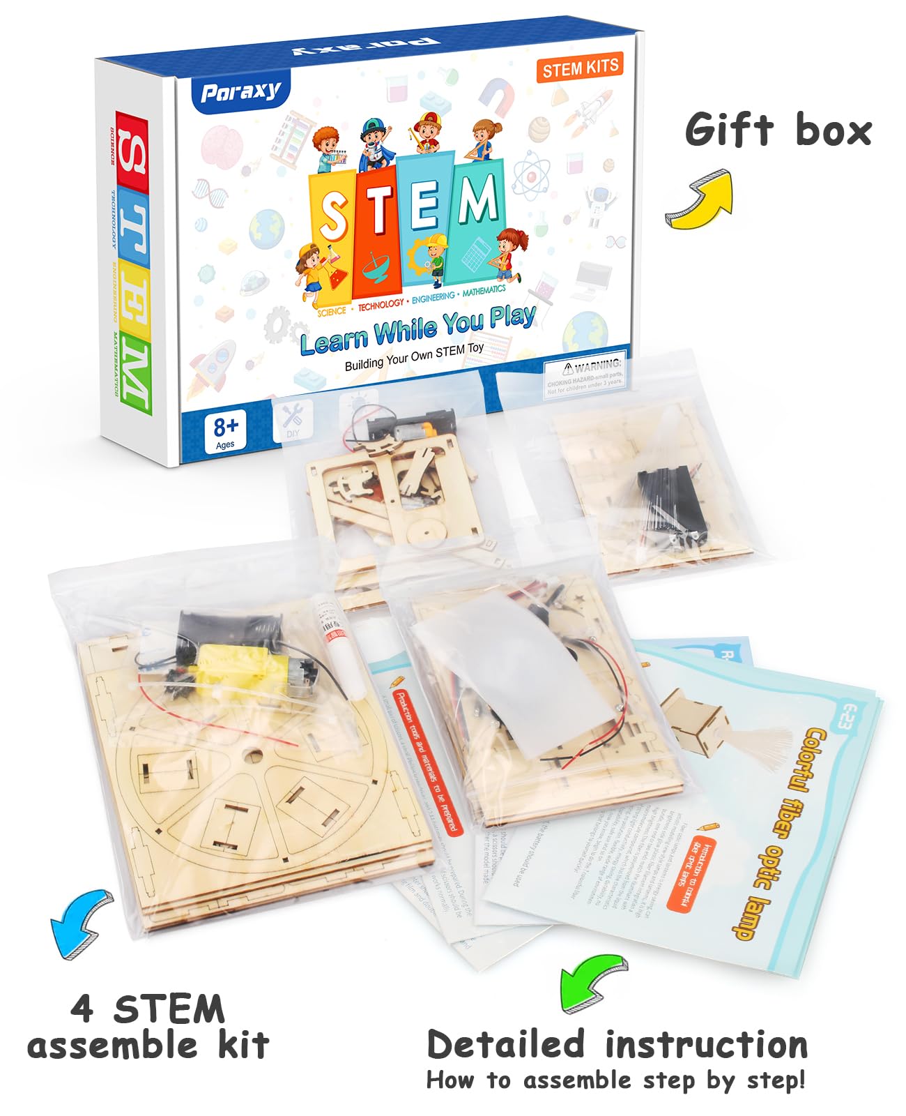 Poraxy 4-in-1 STEM Kit – Science Projects, 3D Puzzles & Educational Building Toys for Kids Ages 8–13, Birthday & Christmas Gift for Boys & Girls