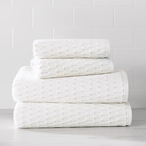 DKNY Metro Tile Quick Dry 100% Cotton Towel Set for Bathroom - 2 Bath, 2 Hand, Zero Twist, Absorbent, Supremely Soft, 550 GSM, 4 Piece, White
