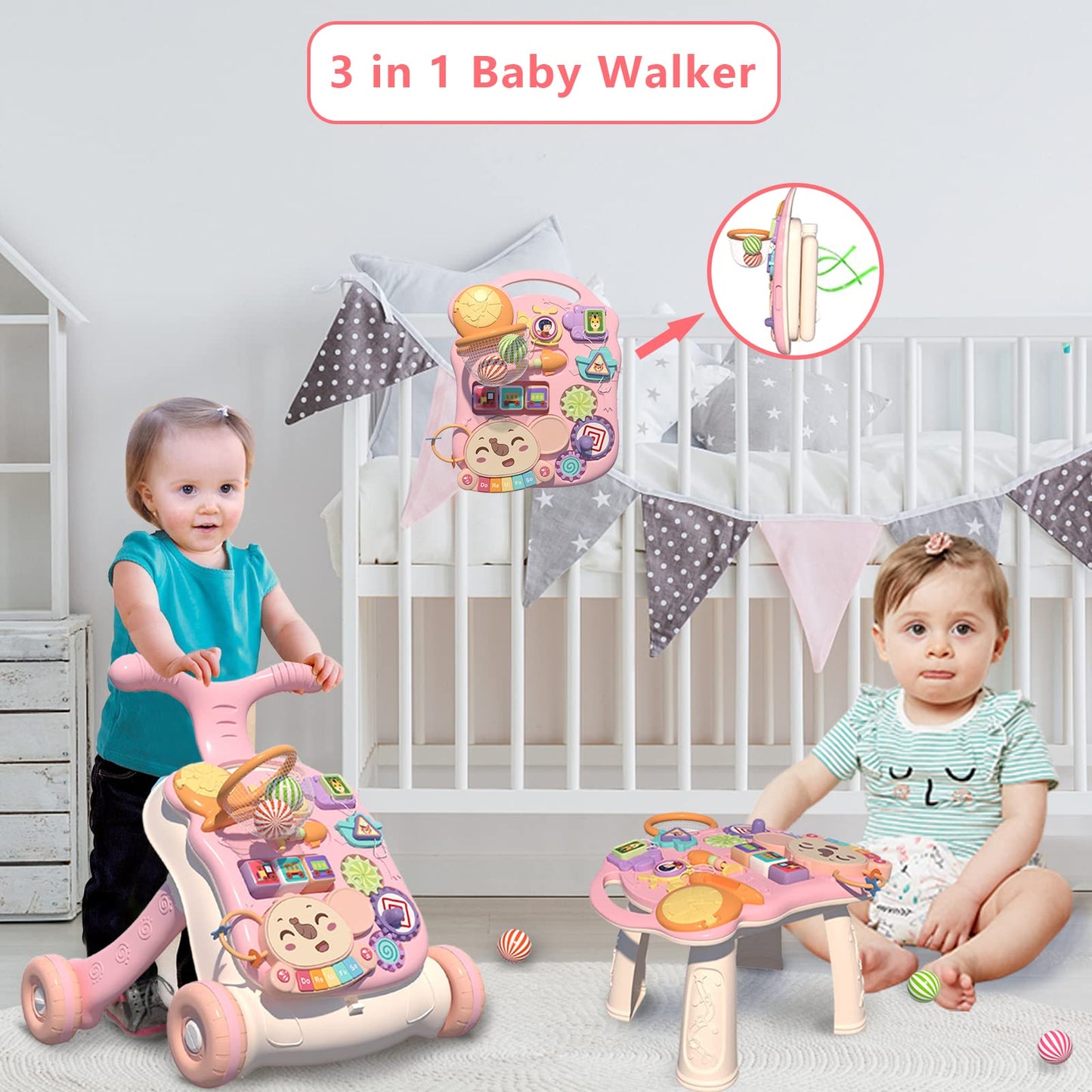QDRAGON 3-in-1 Baby Walker & Activity Center | Sit-to-Stand Push Toy with Music Panel | Learning to Walk & Early Education | 12+ Months