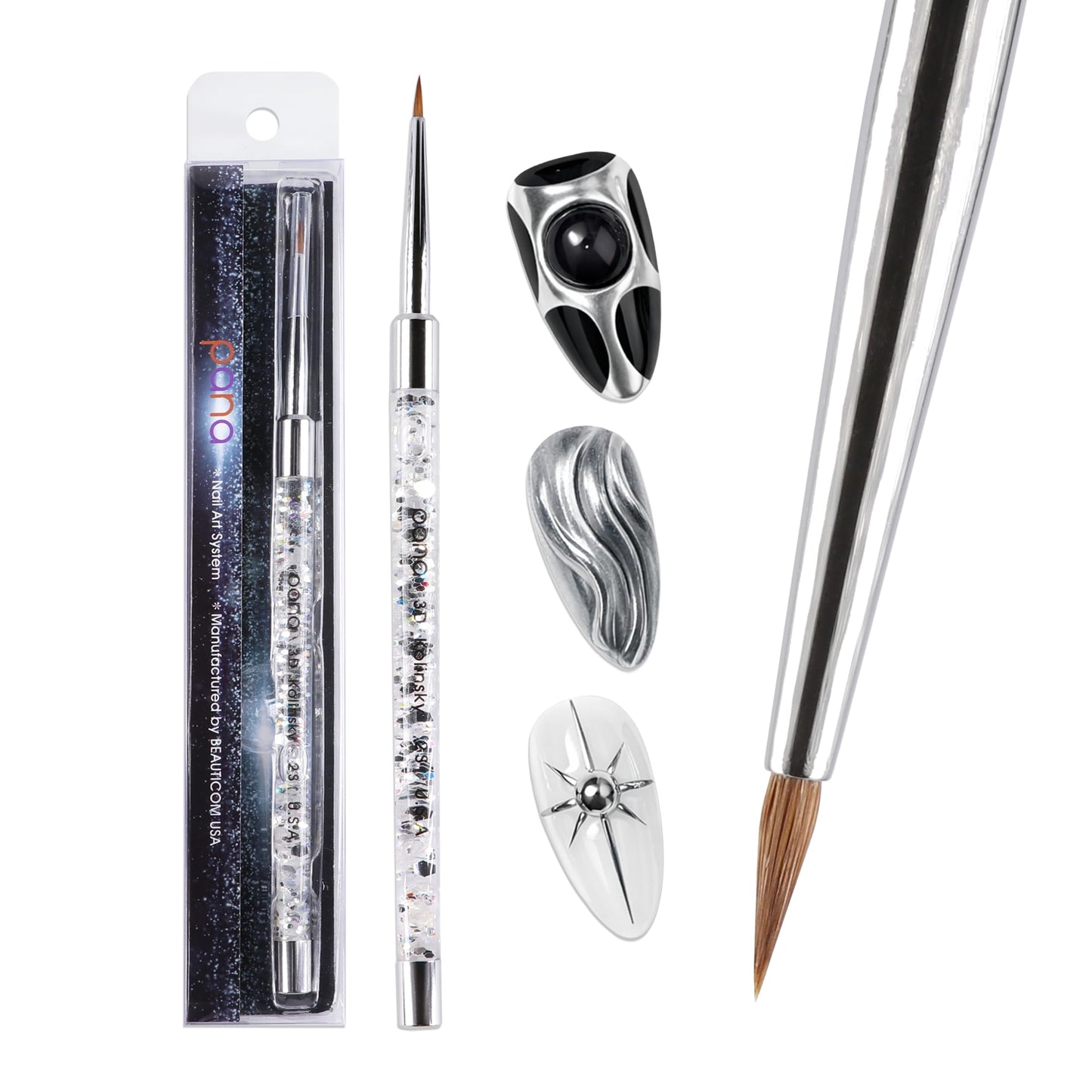 PANA 3D Kolinsky Nail Art Brush - Silver Glitter Handle, Size 2 - Acrylic Nail Art Sculpture Brush for Manicures Pedicure Salon Professional or Beauty & Personal Care PANA