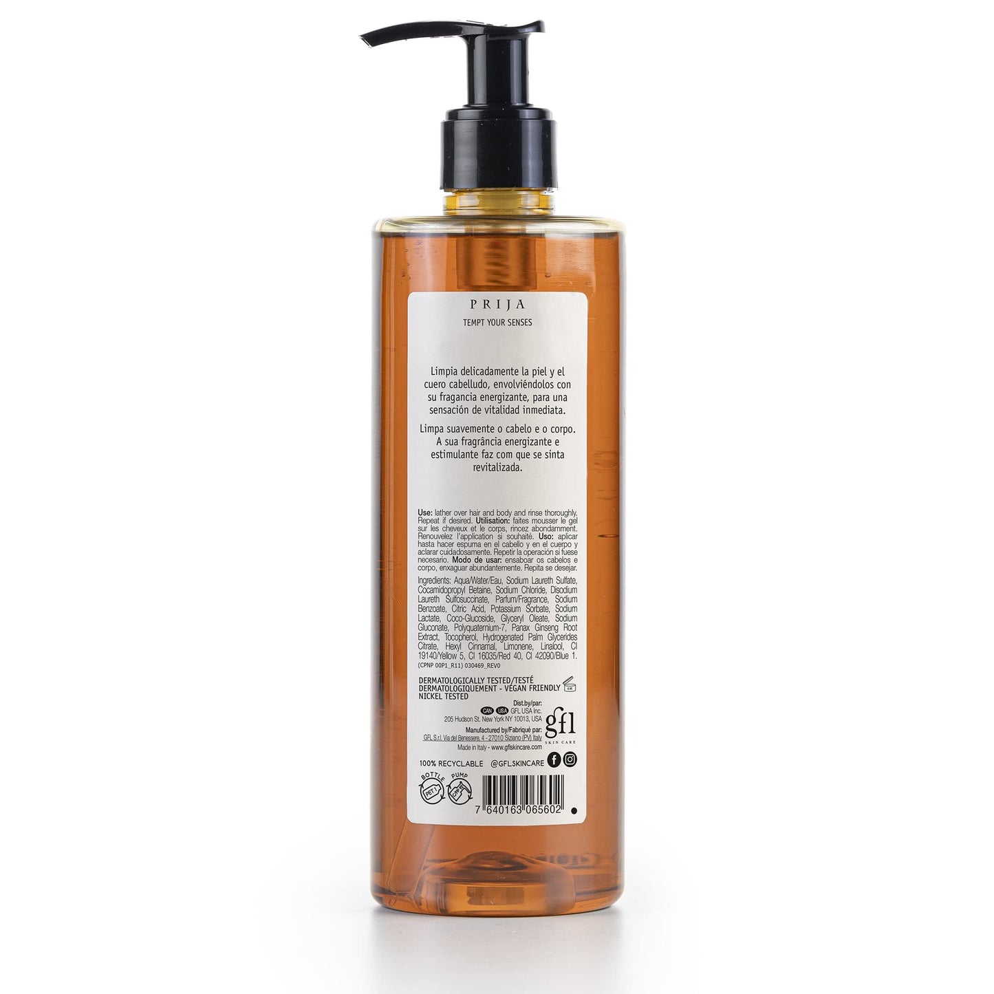 Prija Vitalizing Shower Gel & Shampoo with Ginseng (12.84 fl oz) - Toning and Revitalizing - Vegan Friendly - Dermatologically Tested - Made with 100%
