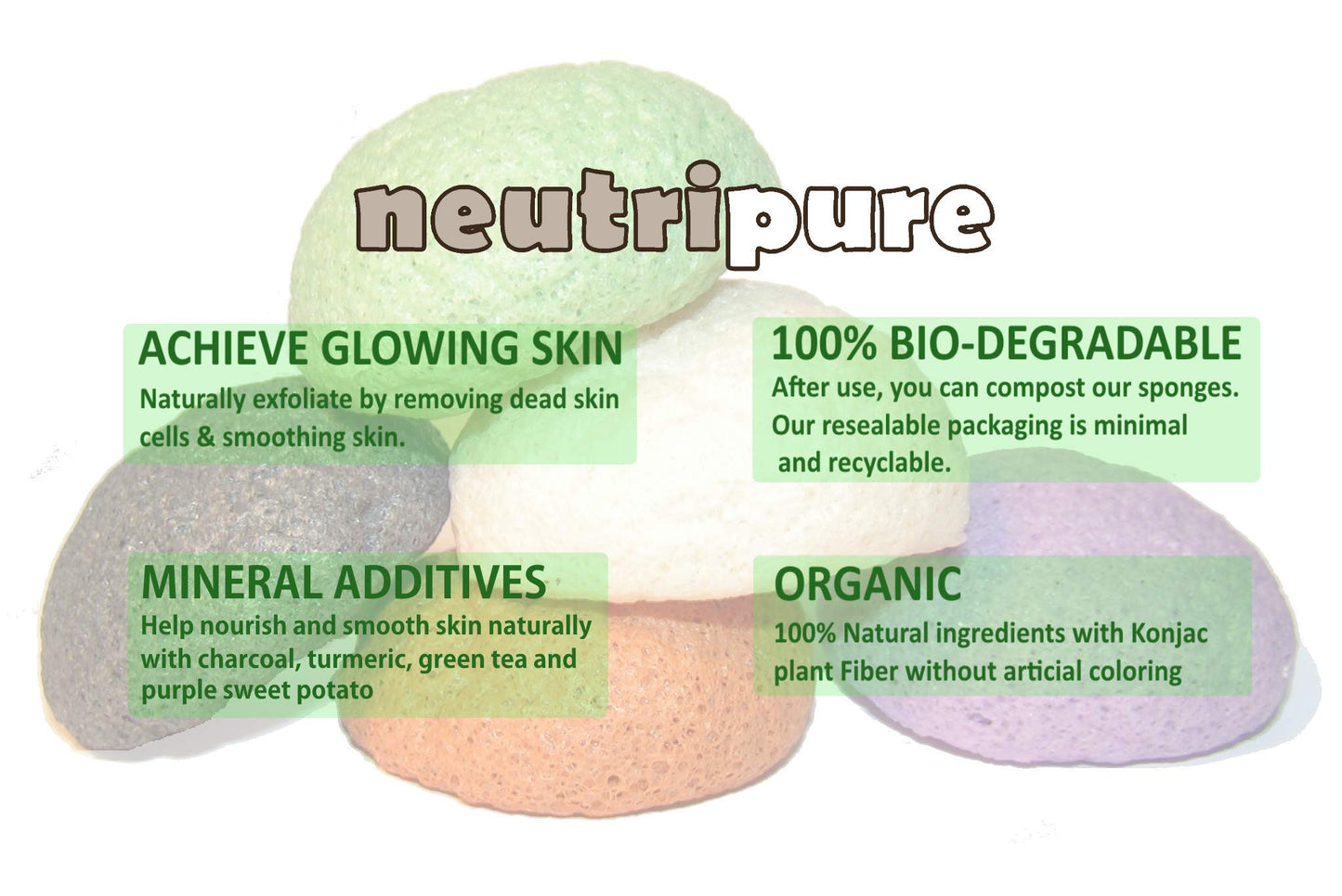 Konjac Sponge Set: Organic Skincare Facial for Natural Exfoliating and Deep Pore Cleansing 5 Piece Sampler Pack Infused with Charcoal, Turmeric, Green