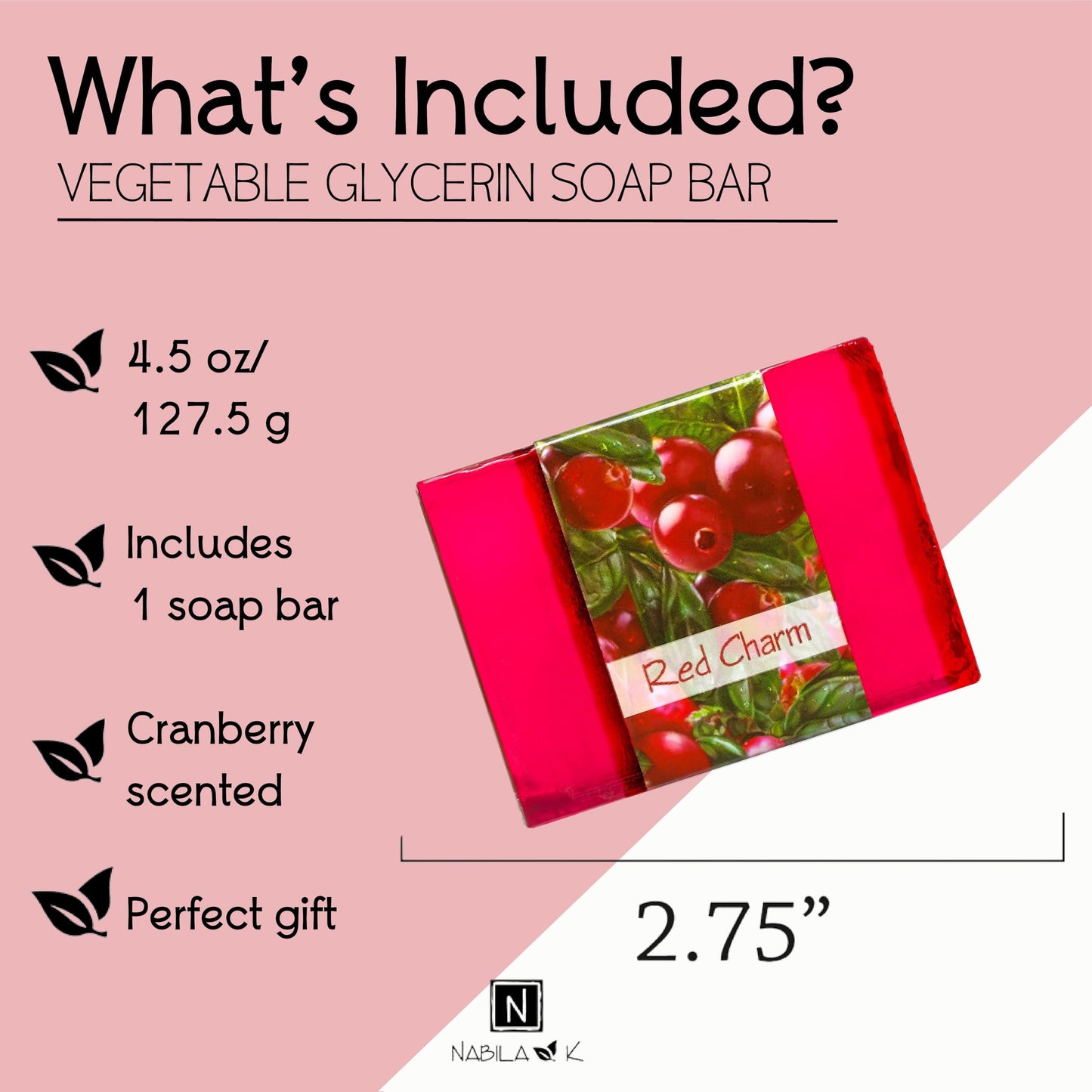 Nabila K Red Charm Glycerin Bar Soap | Cranberry Scent | Natural, Vegan, Hypoallergenic | 100% Vegetable Glycerin, Sulfate-Free, Paraben-Free | 4.5 oz Beauty & Personal Care Nabila K