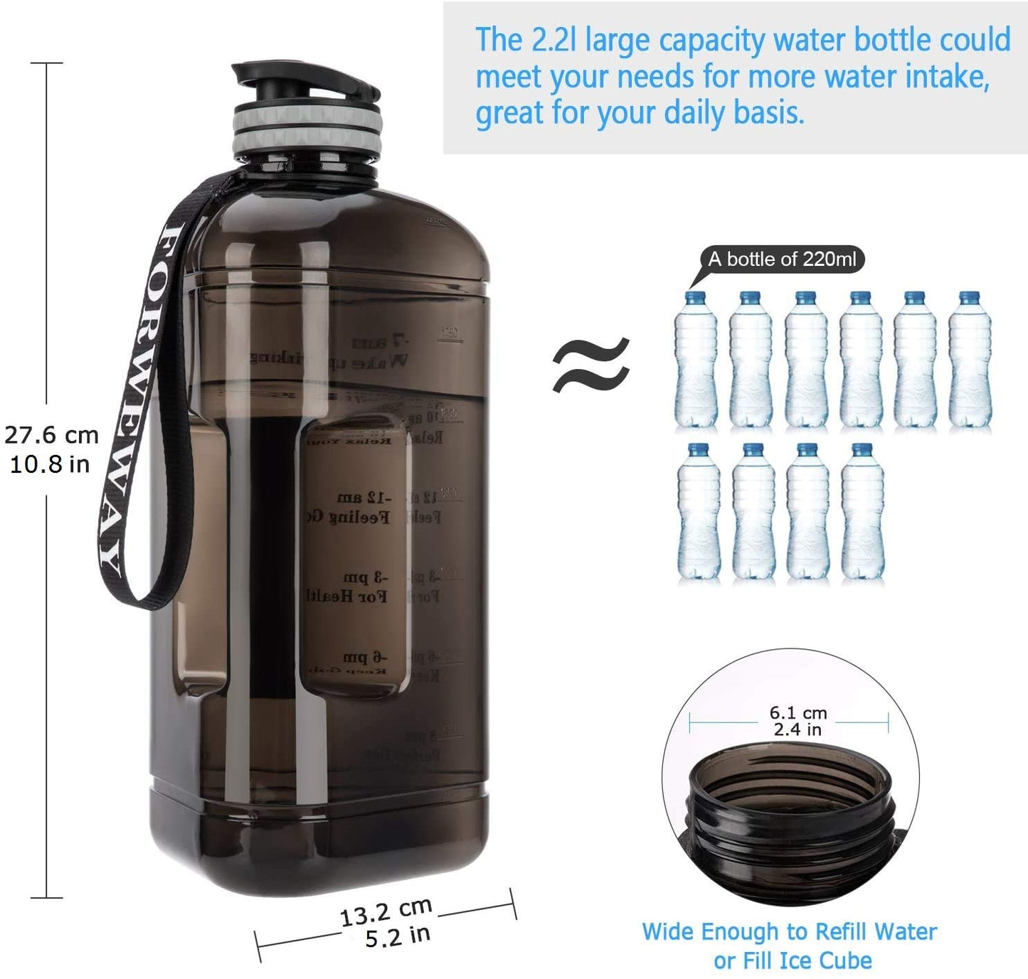 FORWEWAY Half Gallon Water Bottle with Handle 2.2L/74OZ Large Plastic Water Bottles BPA Free Water Bottles with Strap Portable with Time Marker…