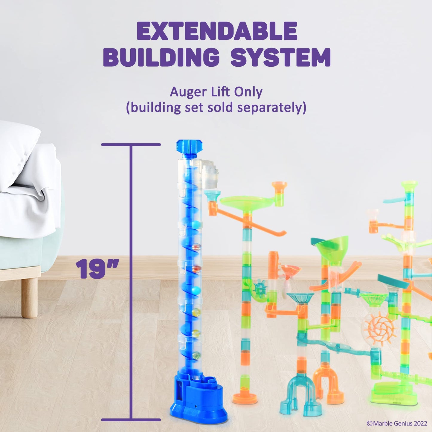 Marble Genius Auger Lift – Expandable Marble Run Accessory Elevates Marbles 19", Endless Racing Fun, Ages 5+, Battery Powered, Blue