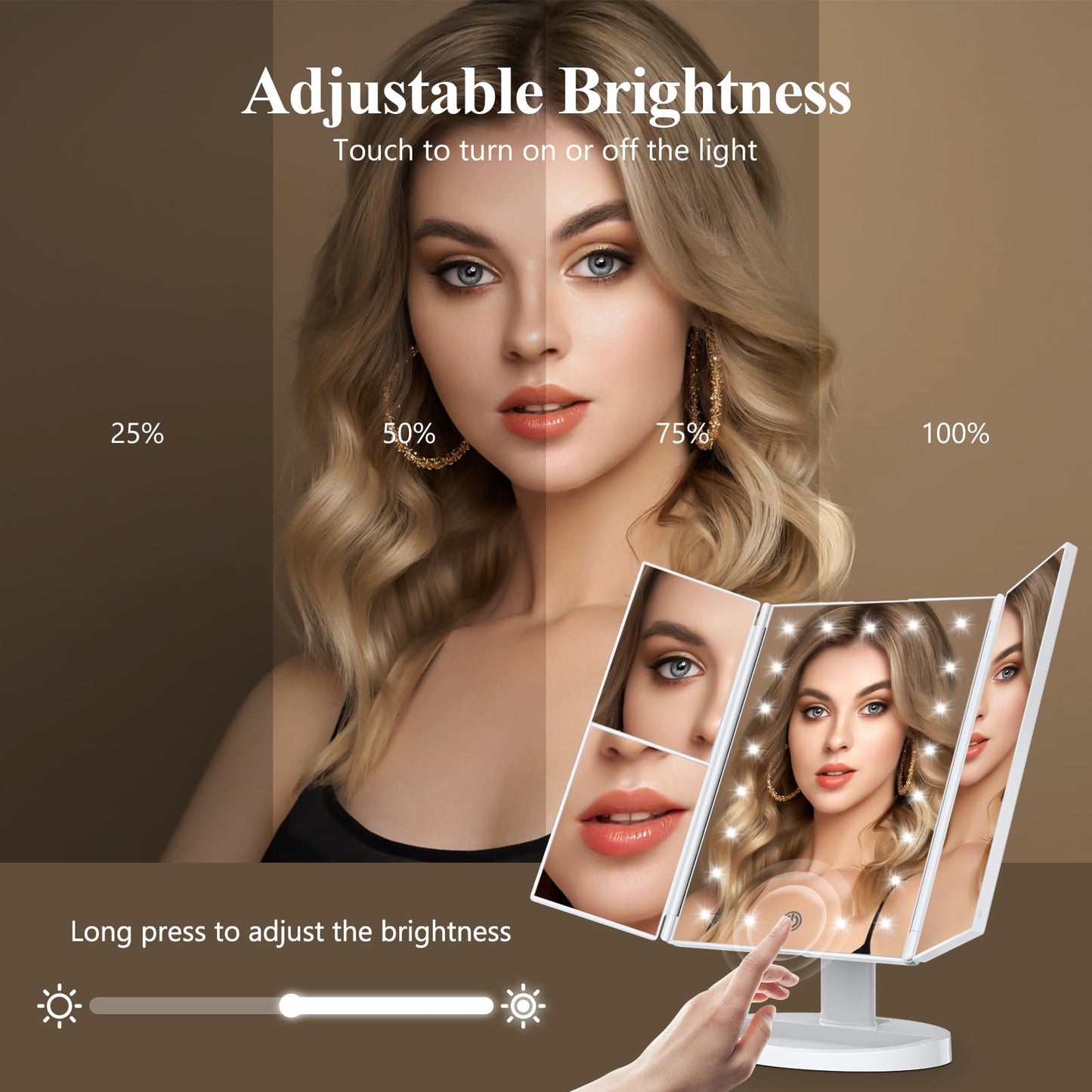 HUONUL Lighted Makeup Vanity Mirror – 2X, 3X, 10X Magnification, Touch Control, Trifold Design, White, Modern Style