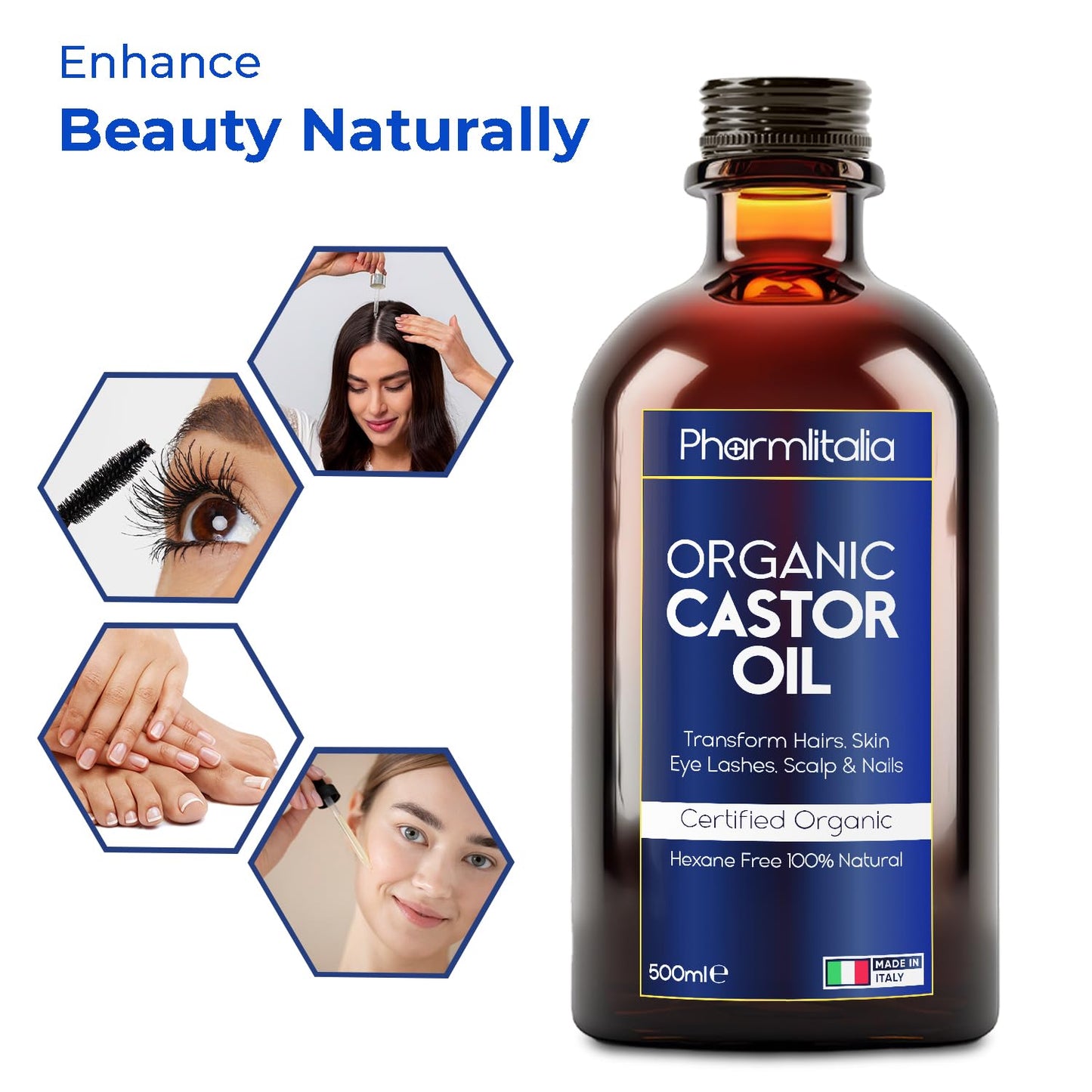 Pharmlitalia Caster Oil Organic Cold Pressed Unrefined Glass Bottle - Organic Golden Castor Oil for Face, Scalp, Eyelashes, Skin Care and Nails