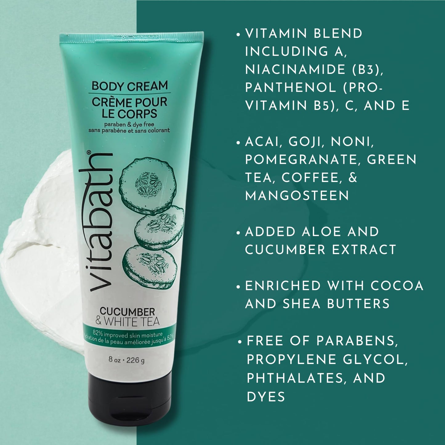 Vitabath Cucumber & White Tea Moisturizing Body Cream - Soothing Hydration Vitamin & Nutrient Skin Care - Replenishing All Over Dry Skin Lotion